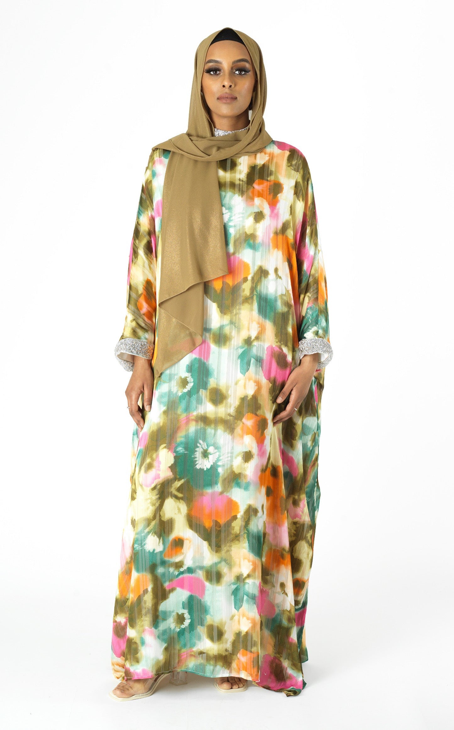 Kaftan abaya Zohra Olive tone silk chiffon shimmer Kabayare