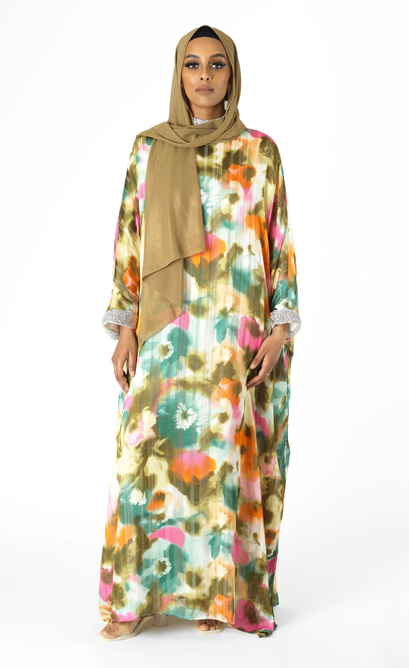 Kaftan abaya Zohra Olive tone silk chiffon shimmer Kabayare