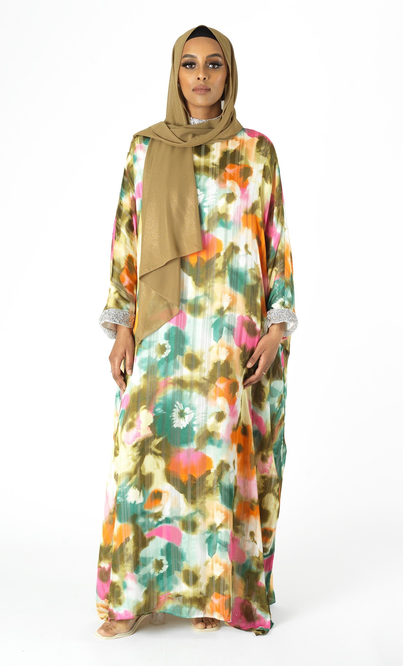 Kaftan abaya Zohra Olive tone silk chiffon shimmer Kabayare