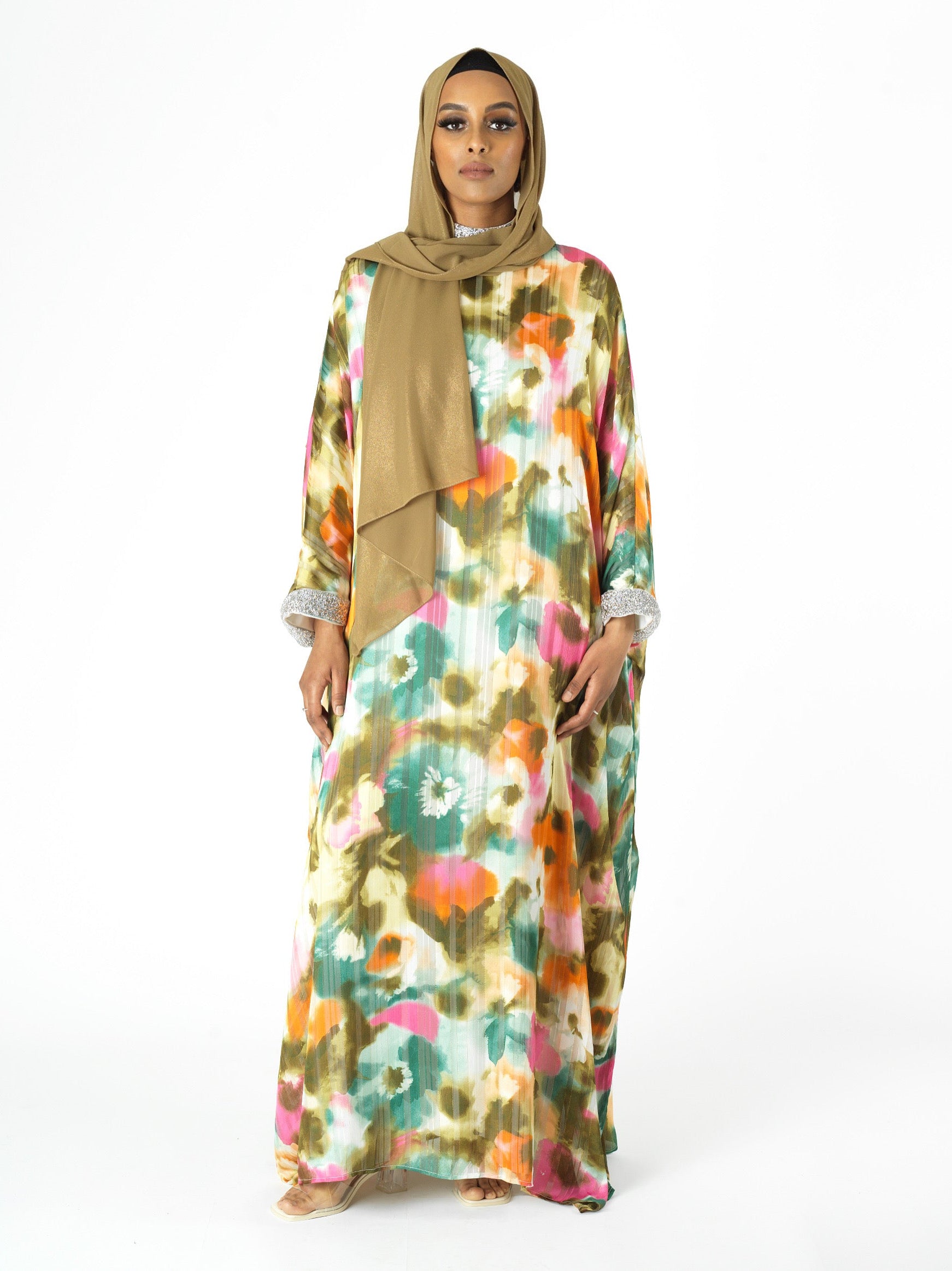 Kaftan abaya Zohra Olive tone silk chiffon shimmer Kabayare
