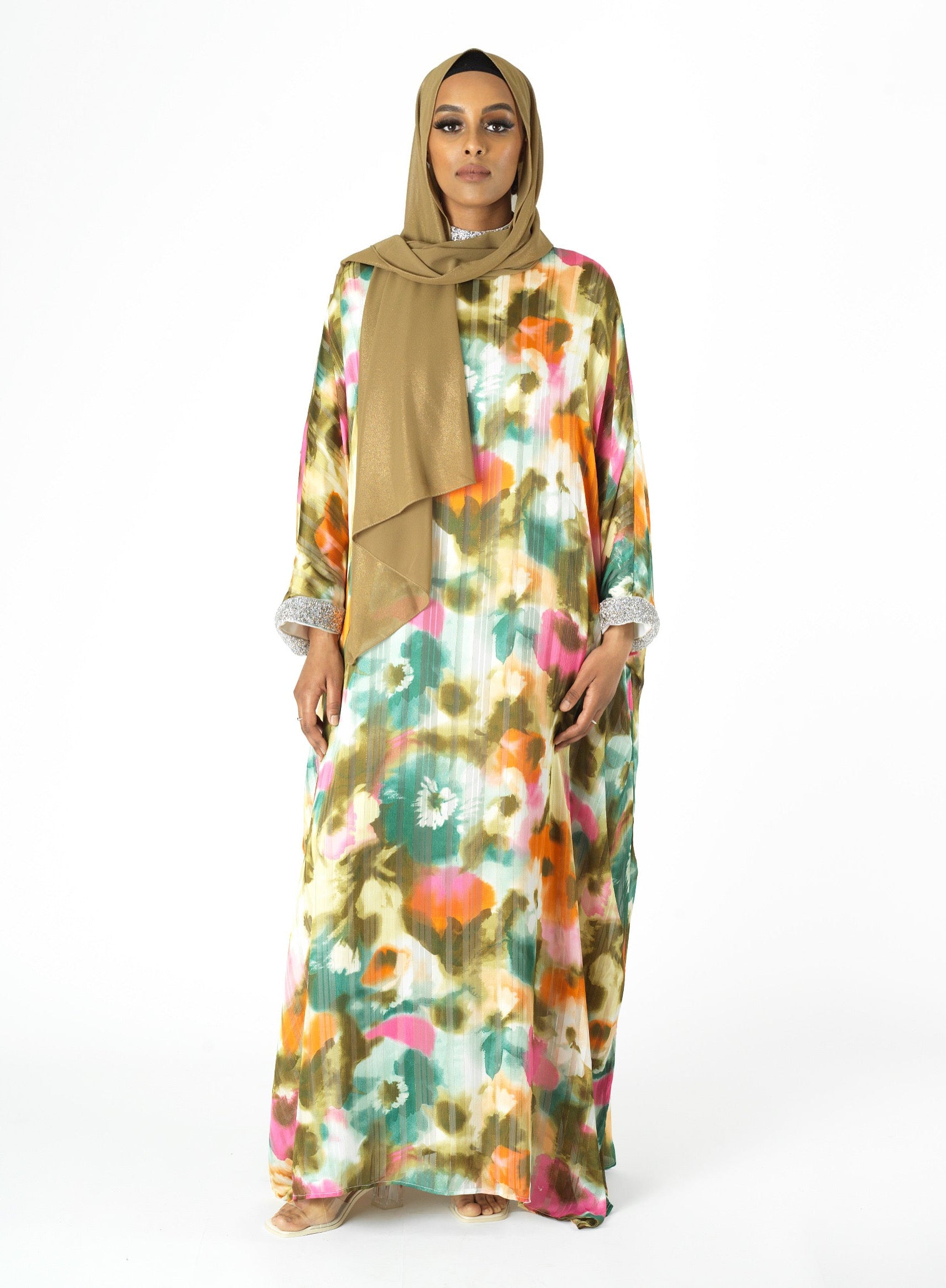 Kaftan abaya Zohra Olive tone silk chiffon shimmer Kabayare
