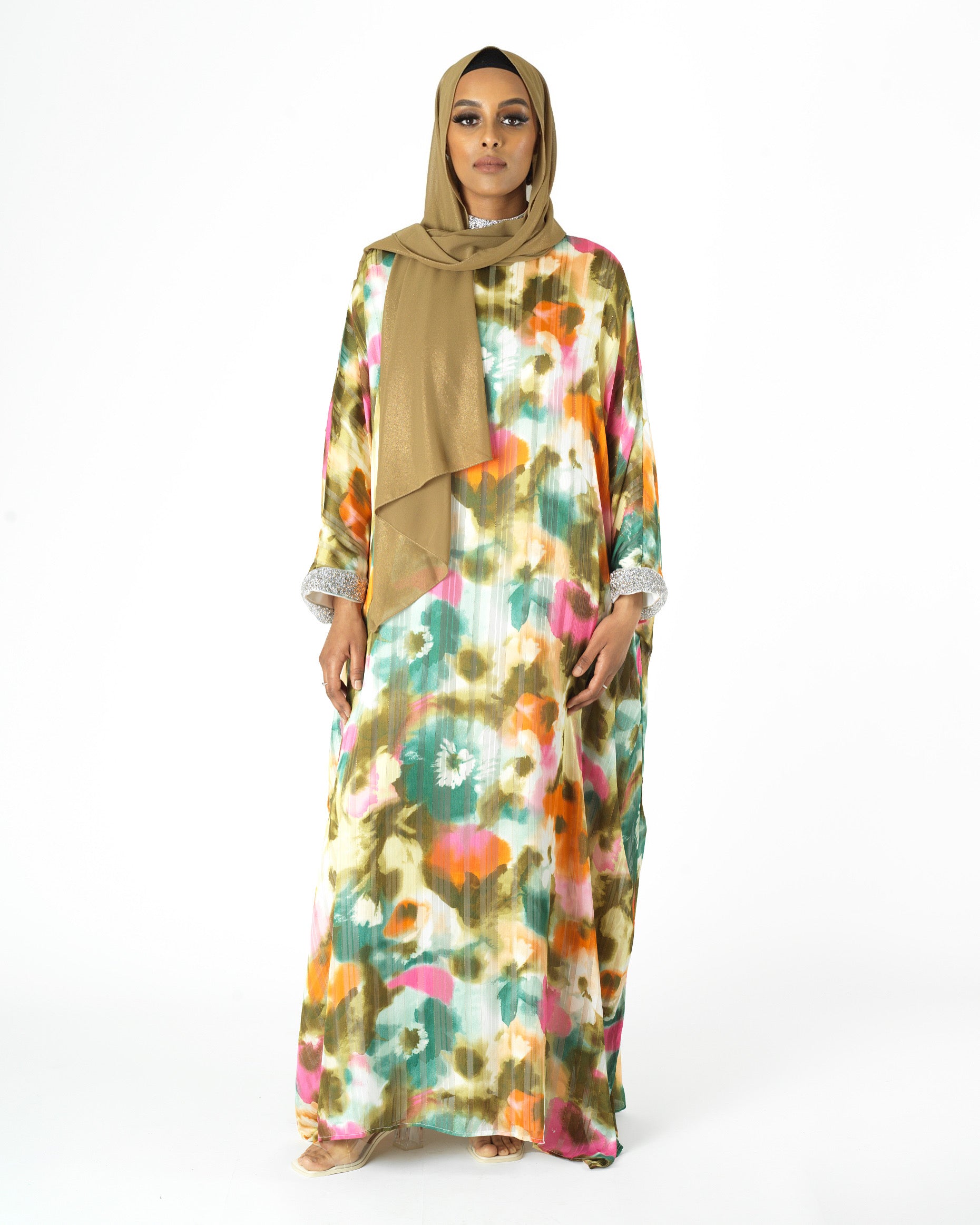Kaftan abaya Zohra Olive tone silk chiffon shimmer Kabayare