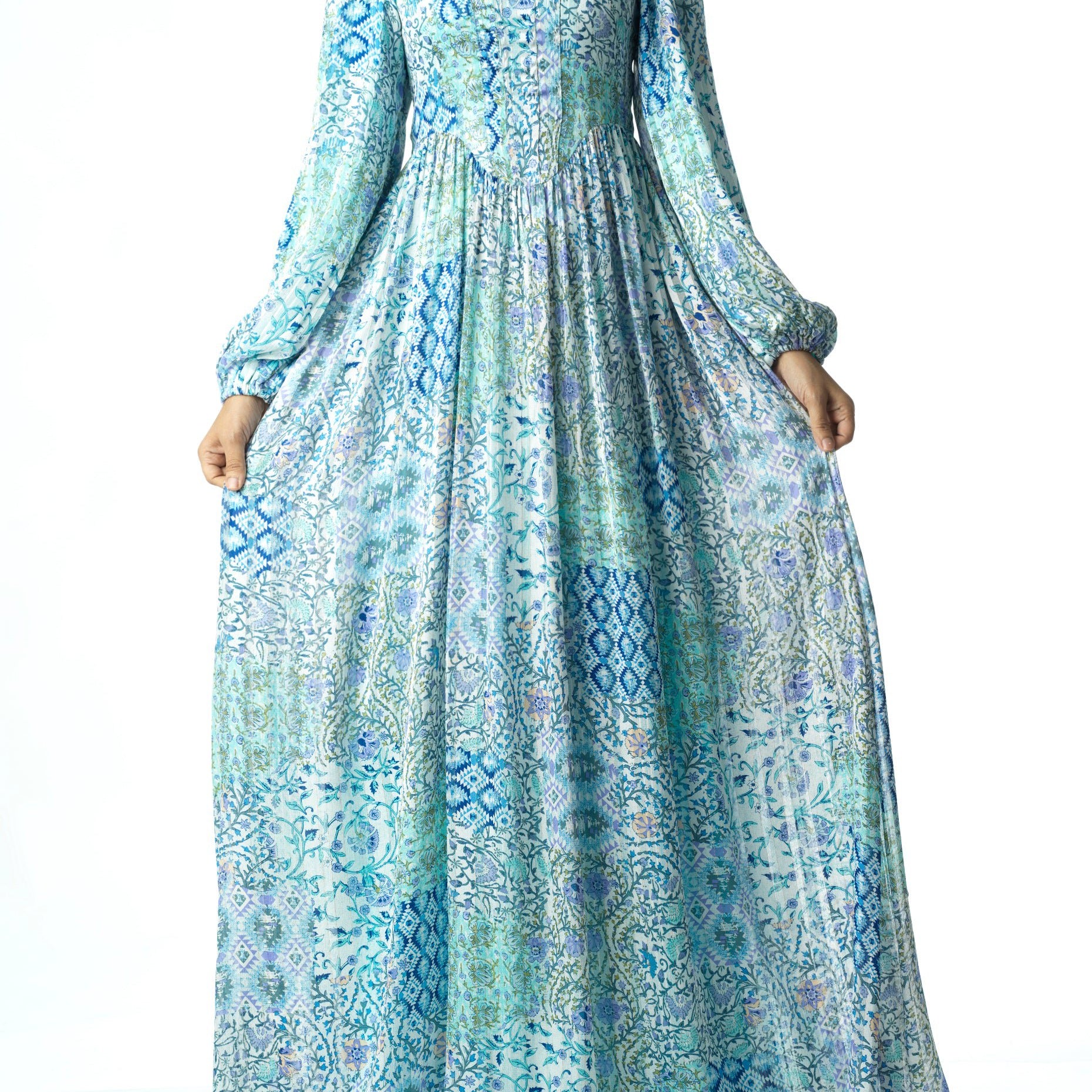 Light Blue Pretty Fatima floral print corset maxi dress Kabayare