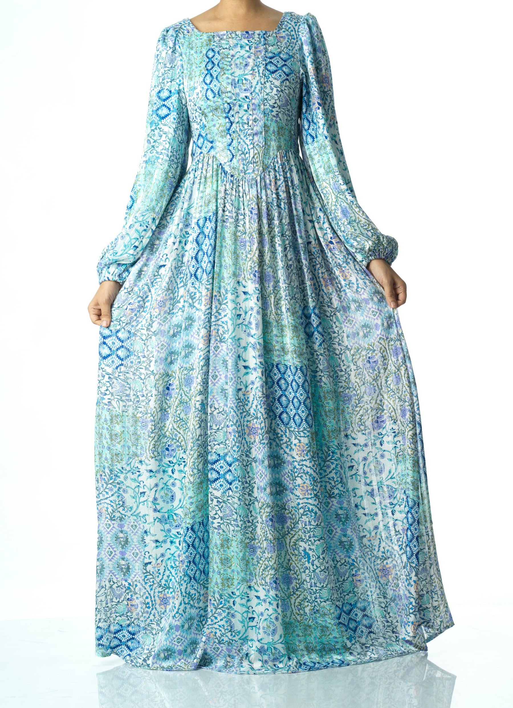 Light Blue Pretty Fatima floral print corset maxi dress Kabayare