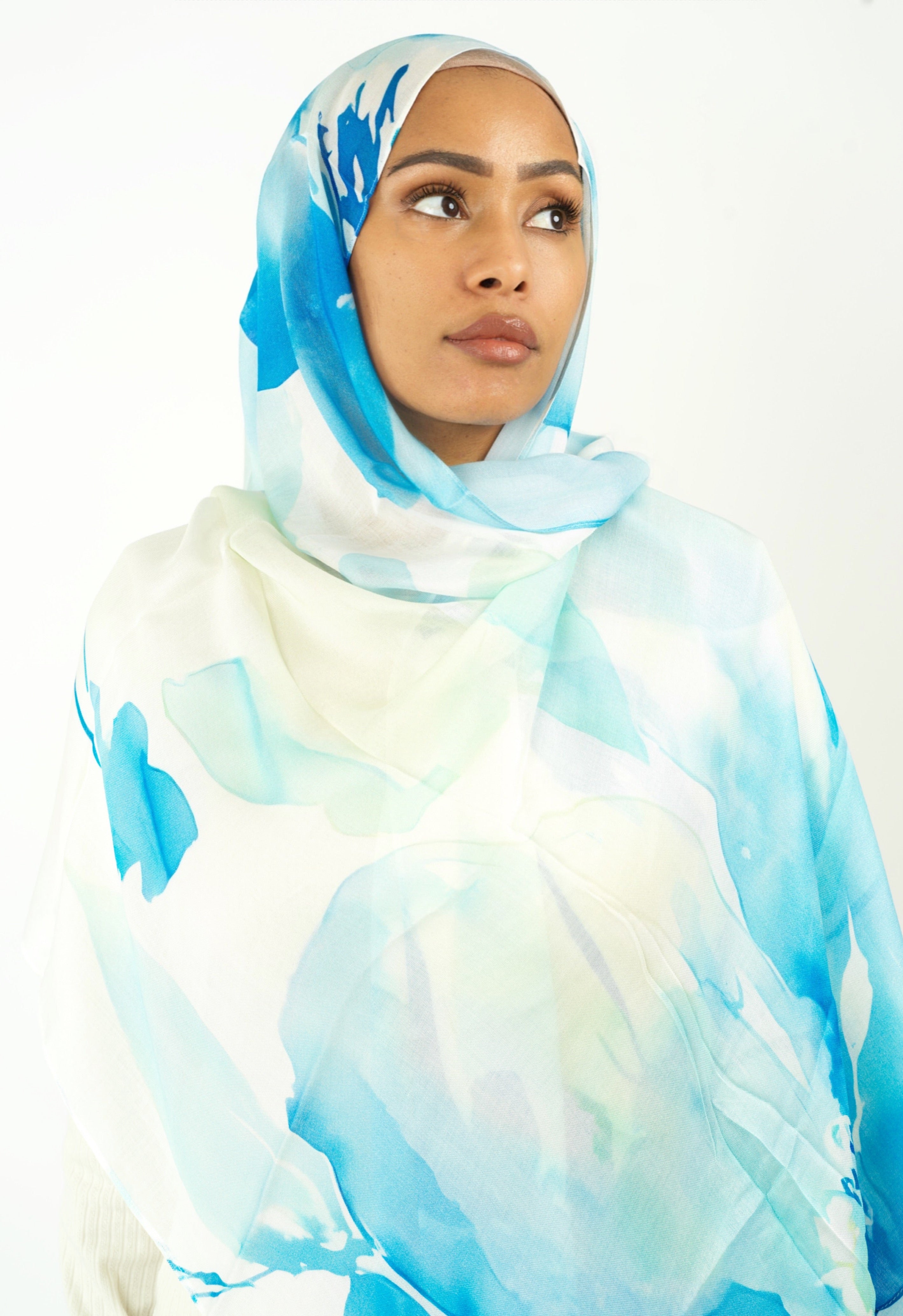 Light blue water color modal print hijab Kabayare