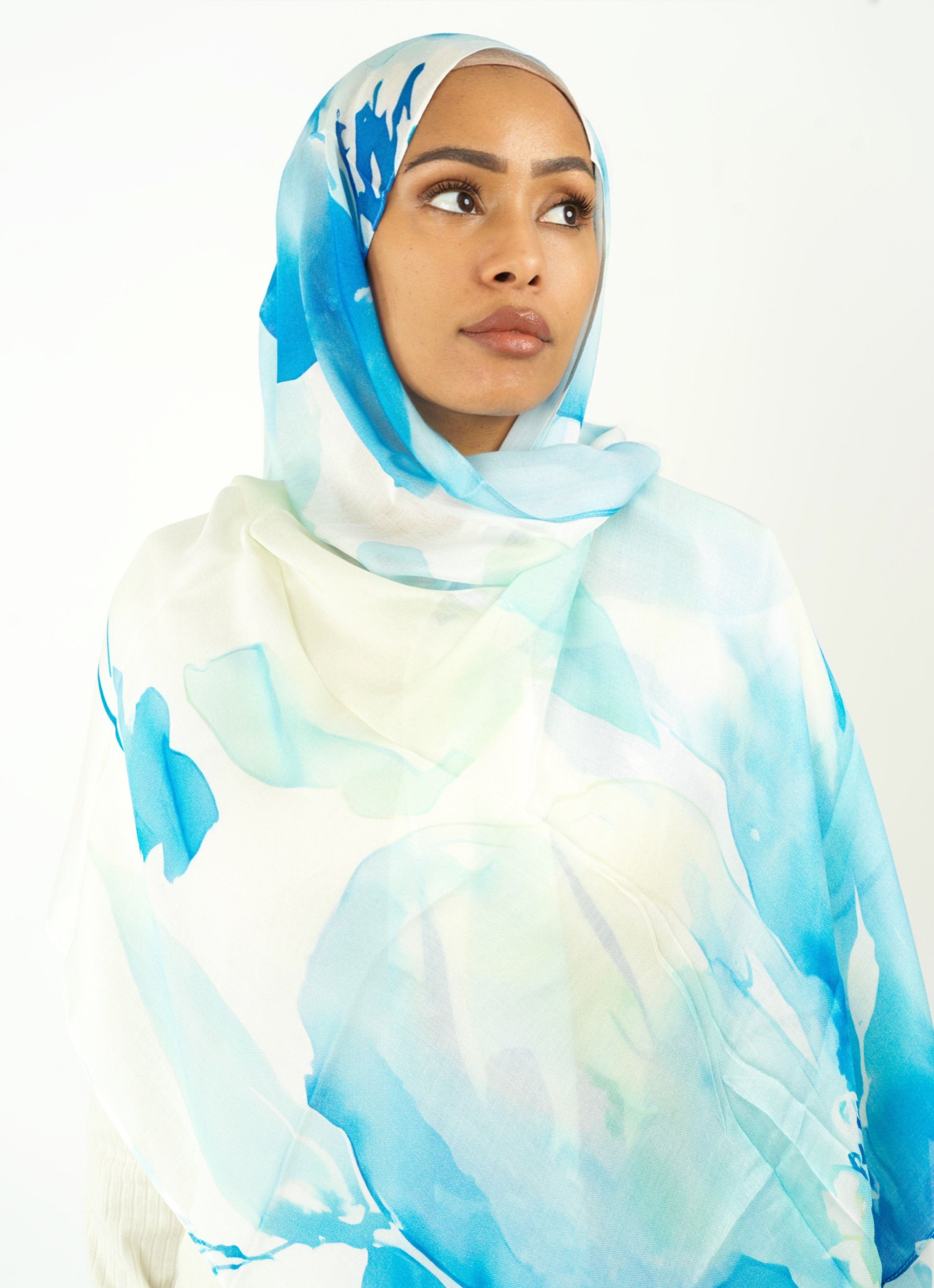 Light blue water color modal print hijab Kabayare