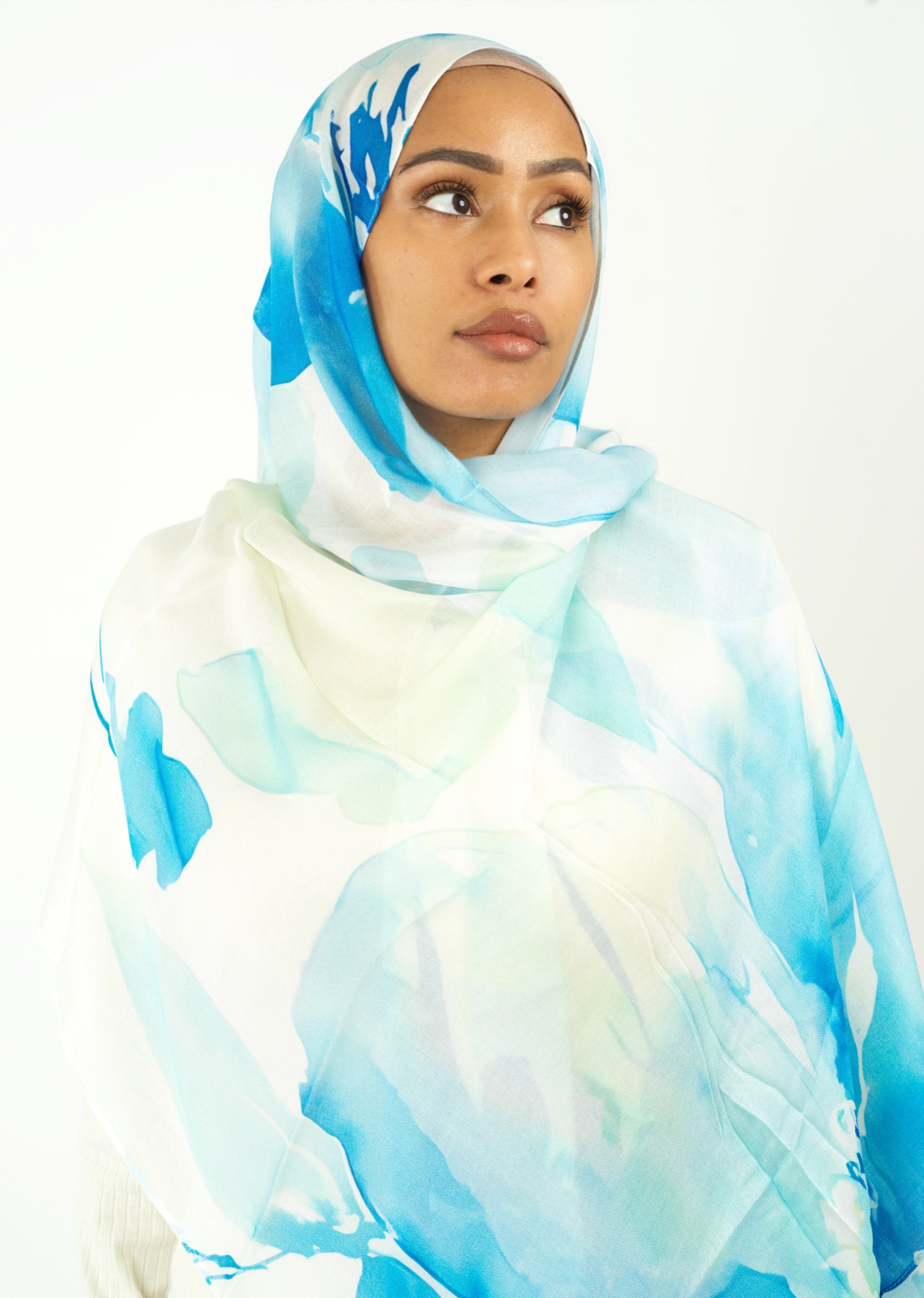 Light blue water color modal print hijab Kabayare