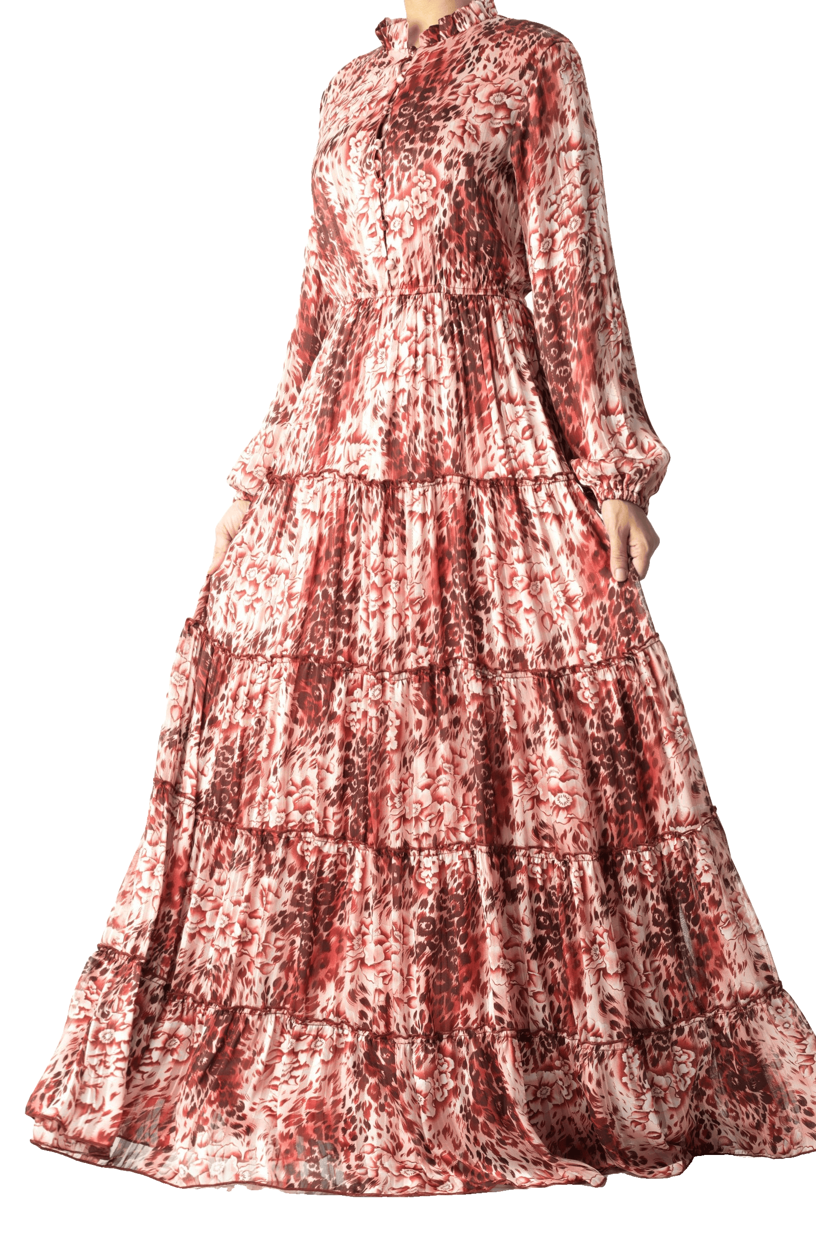Maroon cheetah floral Anitta tiered chiffon maxi dress Kabayare