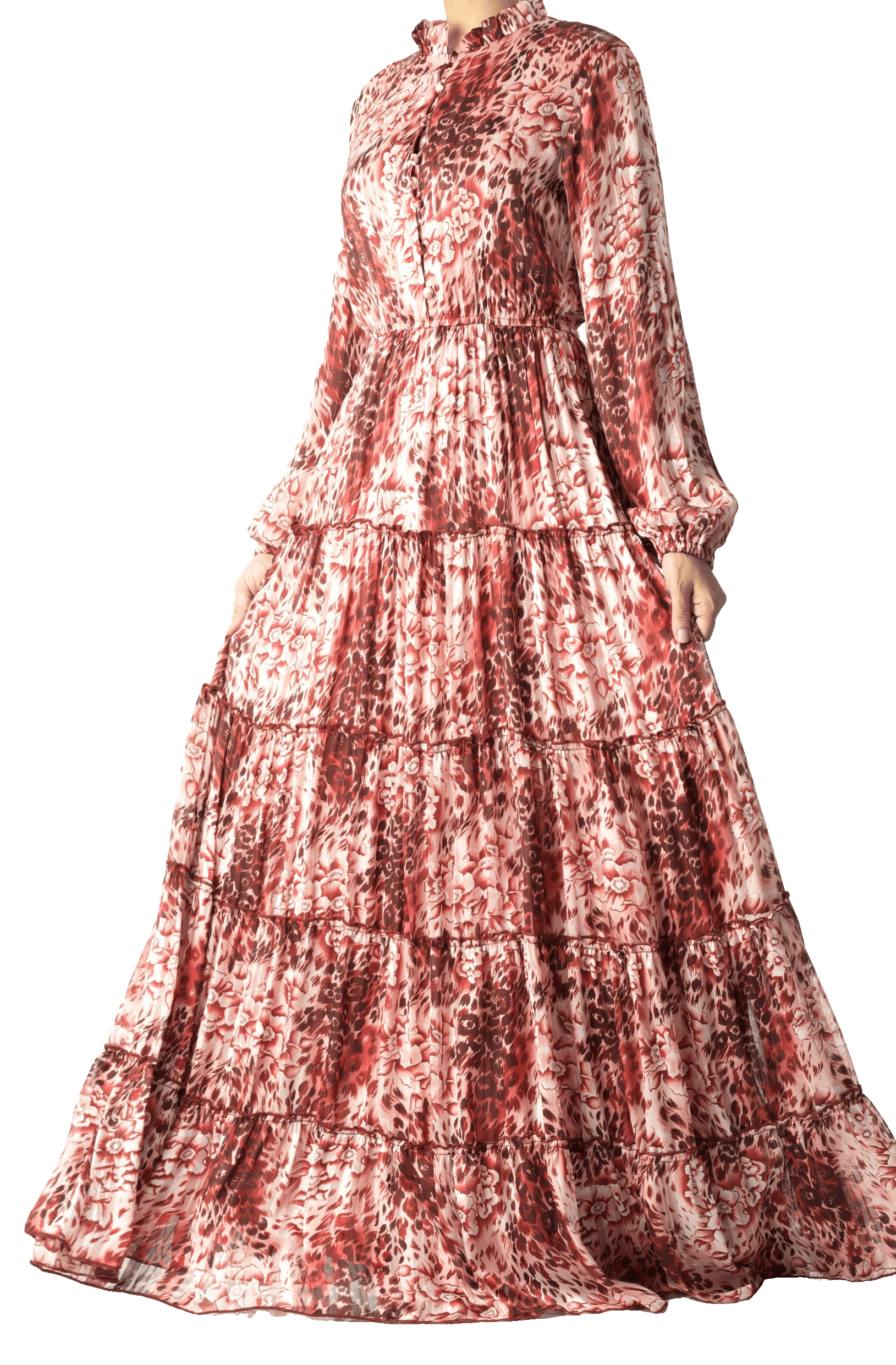 Maroon cheetah floral Anitta tiered chiffon maxi dress Kabayare