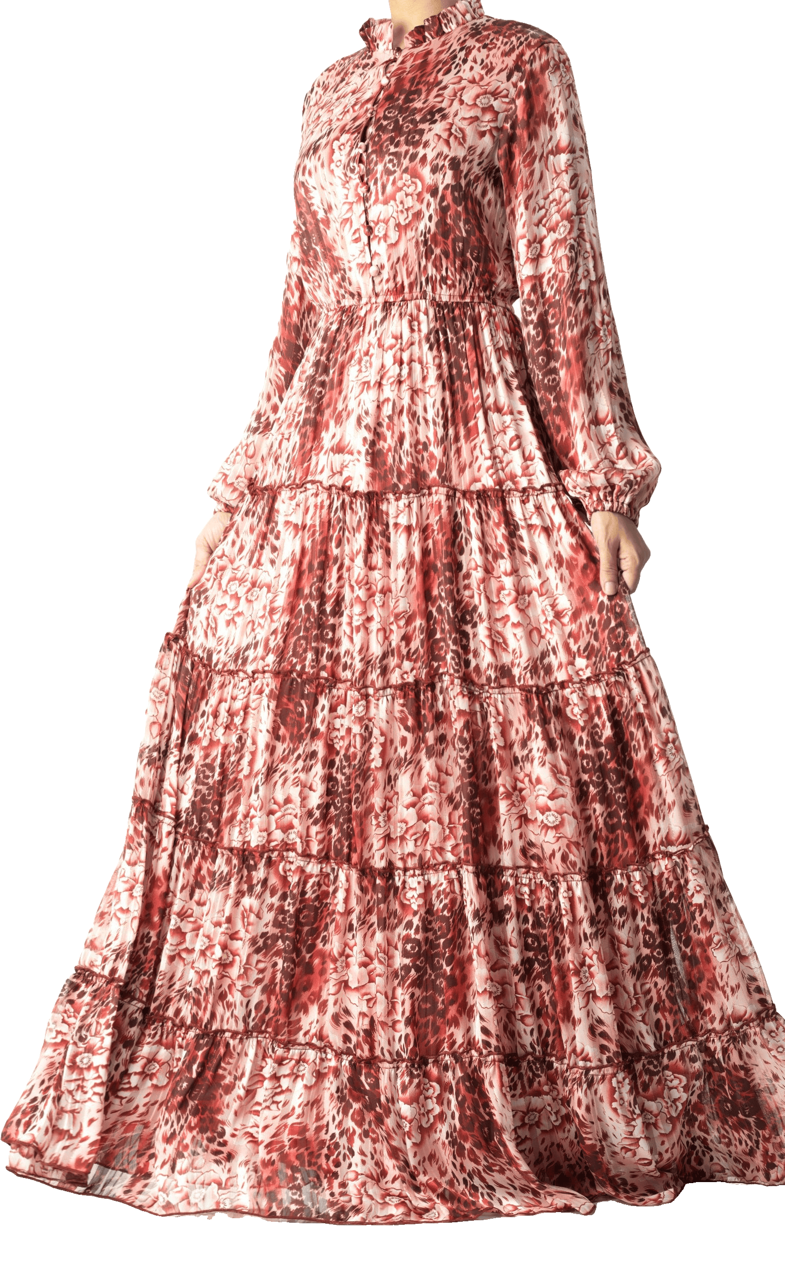 Maroon cheetah floral Anitta tiered chiffon maxi dress Kabayare