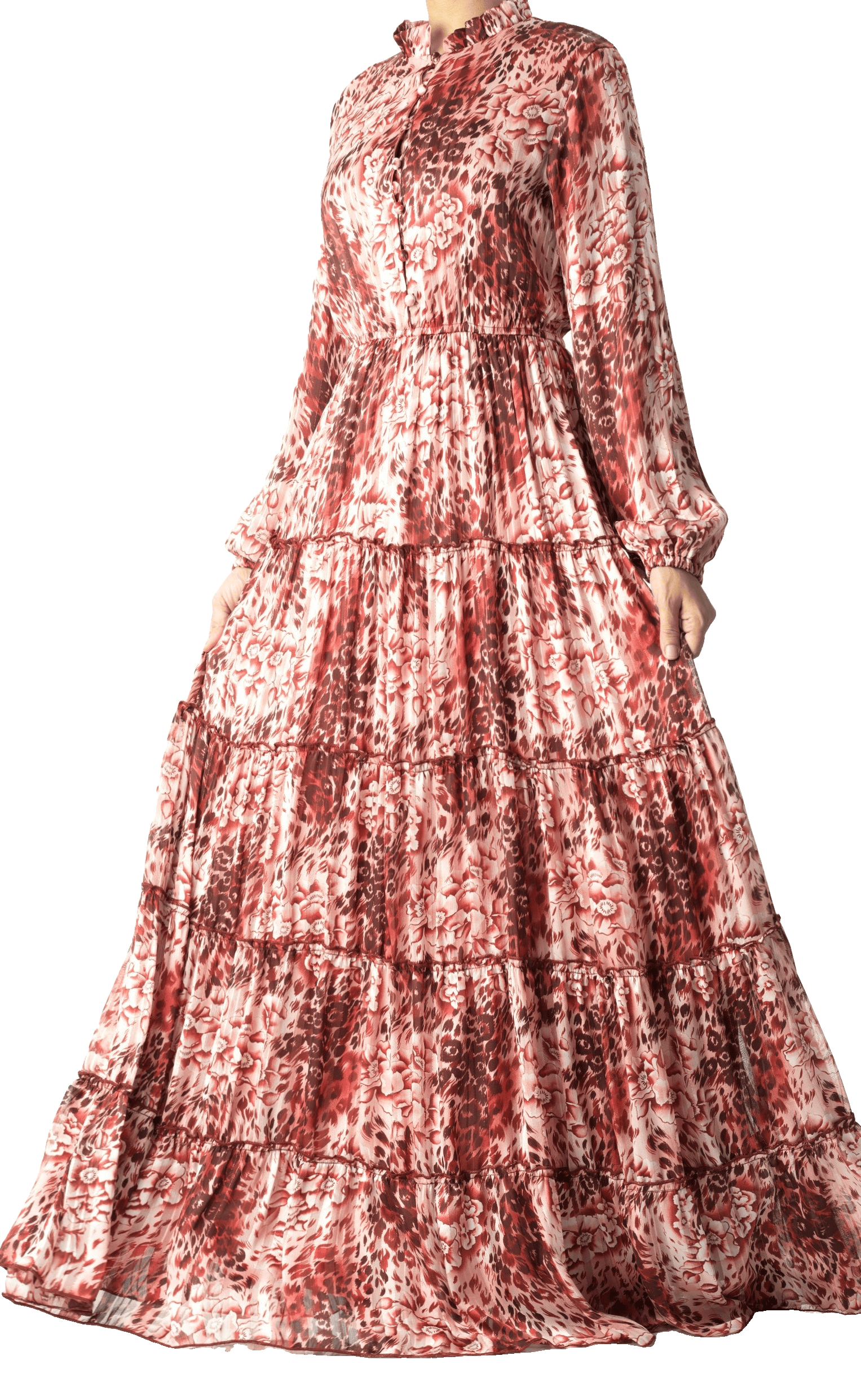 Maroon cheetah floral Anitta tiered chiffon maxi dress Kabayare