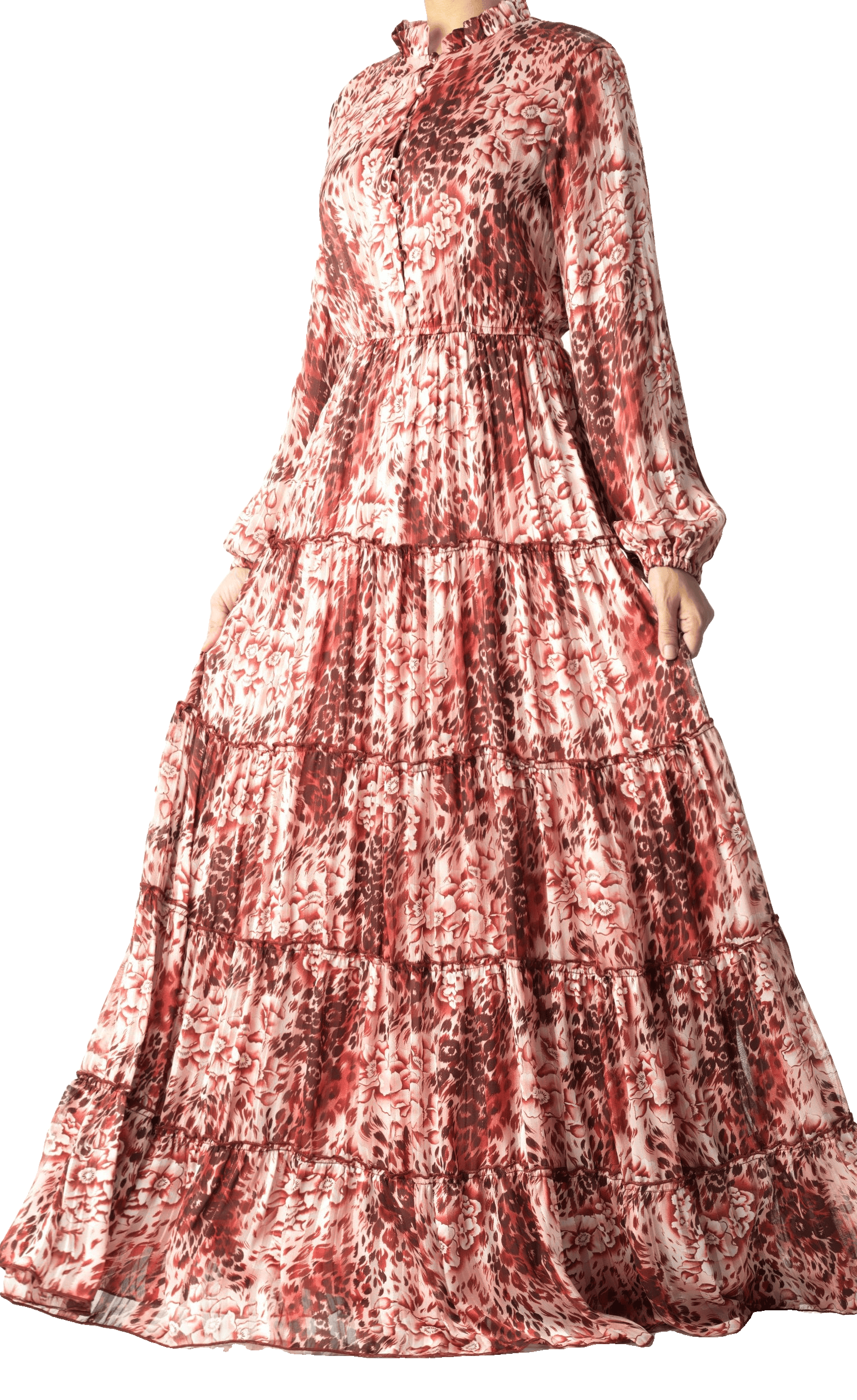 Maroon cheetah floral Anitta tiered chiffon maxi dress Kabayare