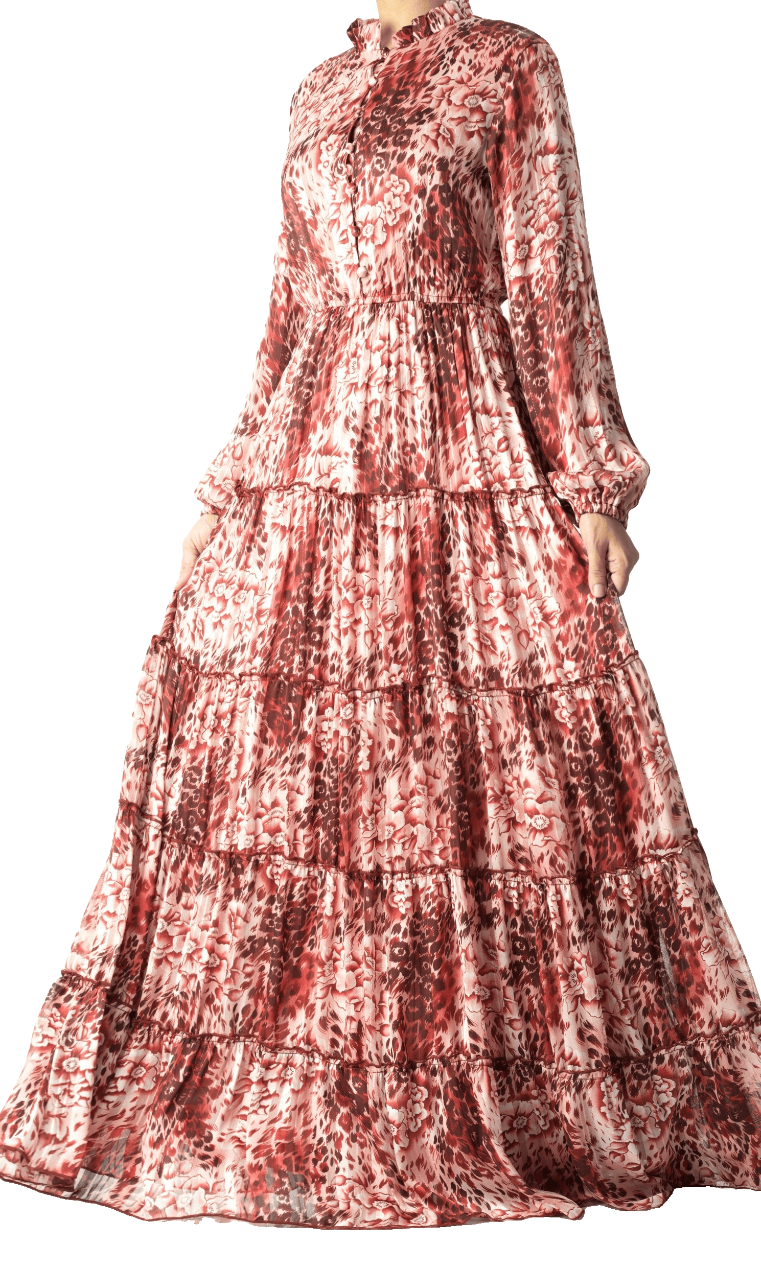 Maroon cheetah floral Anitta tiered chiffon maxi dress Kabayare