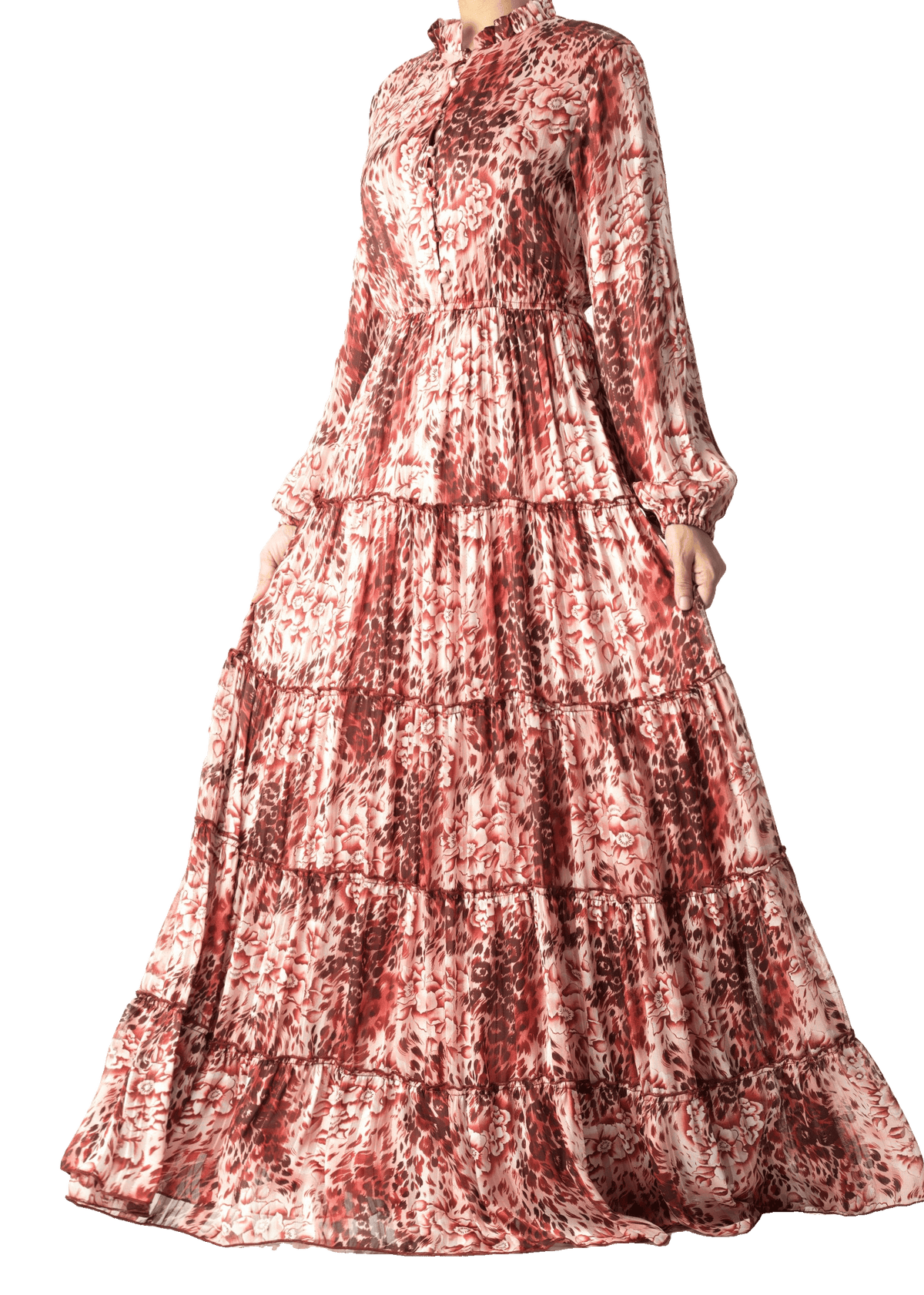 Maroon cheetah floral Anitta tiered chiffon maxi dress Kabayare