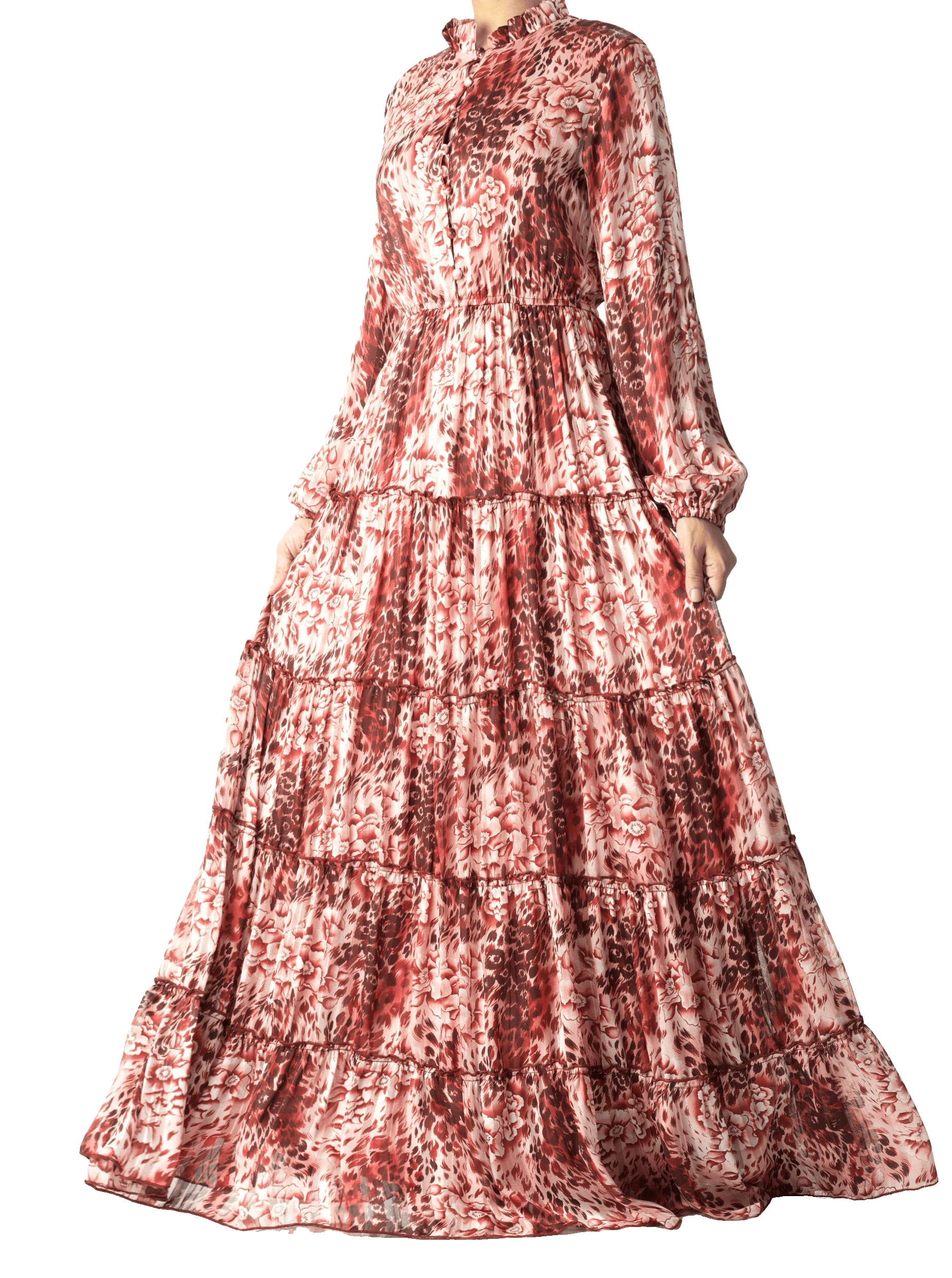 Maroon cheetah floral Anitta tiered chiffon maxi dress Kabayare