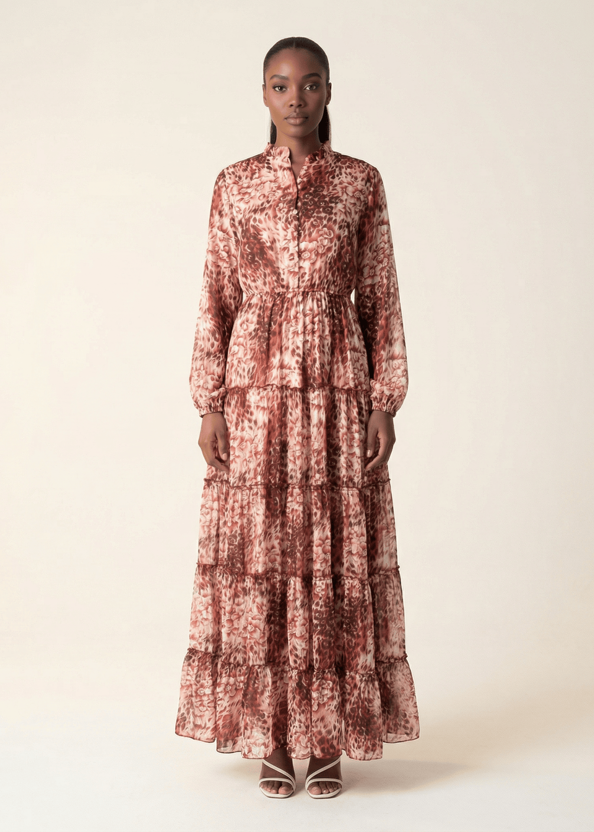 Maroon cheetah floral Anitta tiered chiffon maxi dress Kabayare