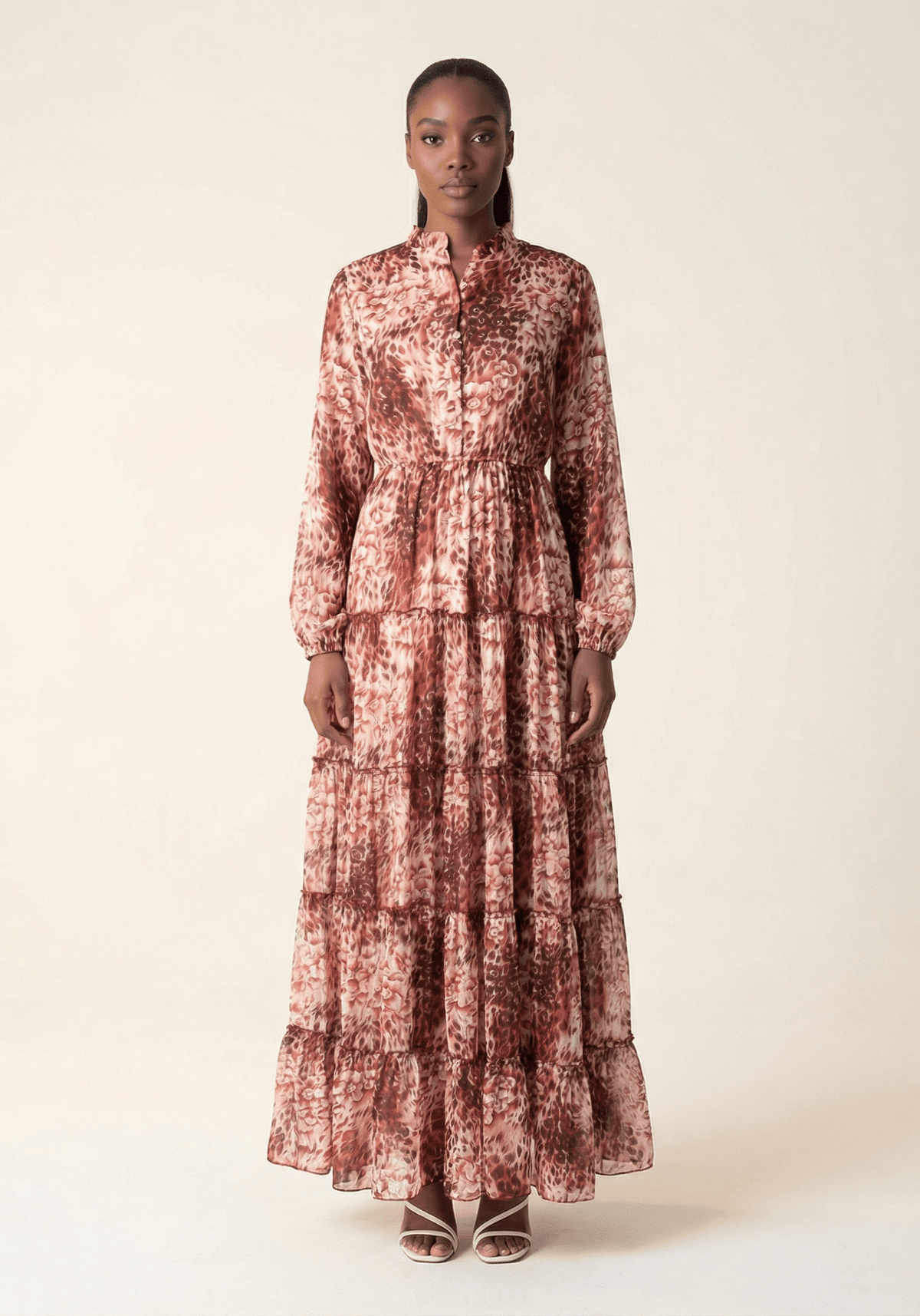 Maroon cheetah floral Anitta tiered chiffon maxi dress Kabayare