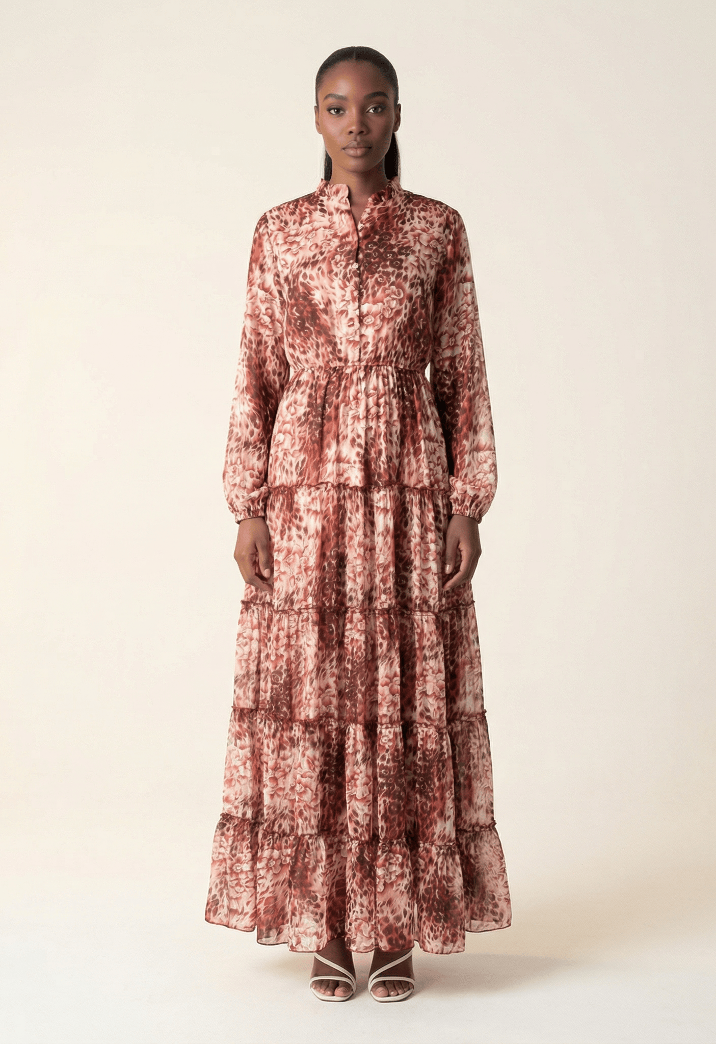 Maroon cheetah floral Anitta tiered chiffon maxi dress Kabayare