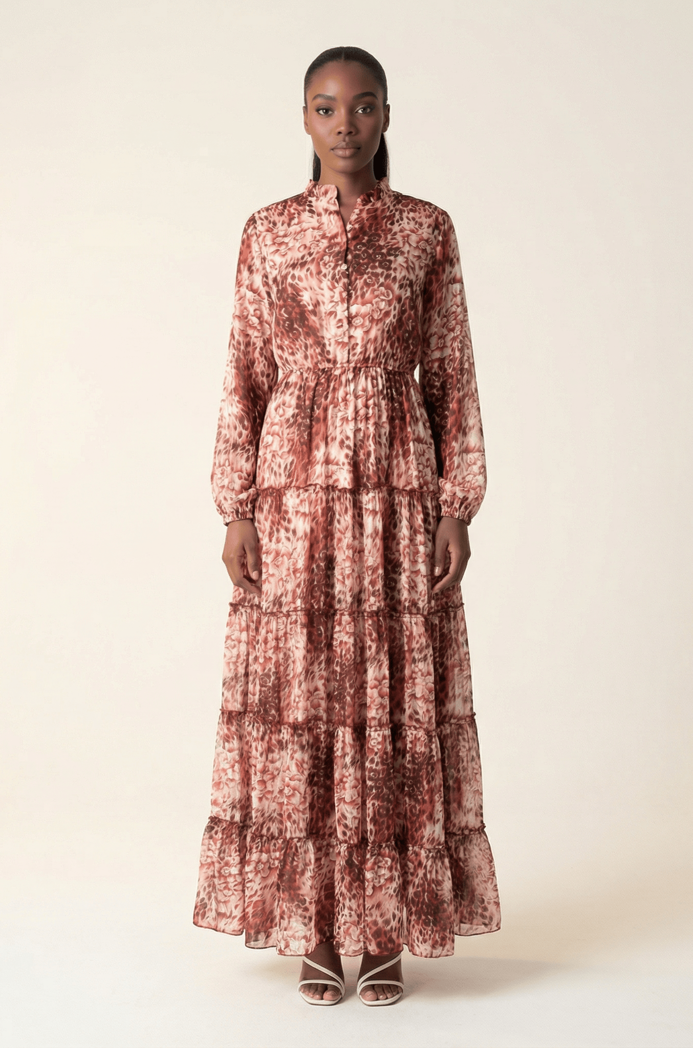 Maroon cheetah floral Anitta tiered chiffon maxi dress Kabayare