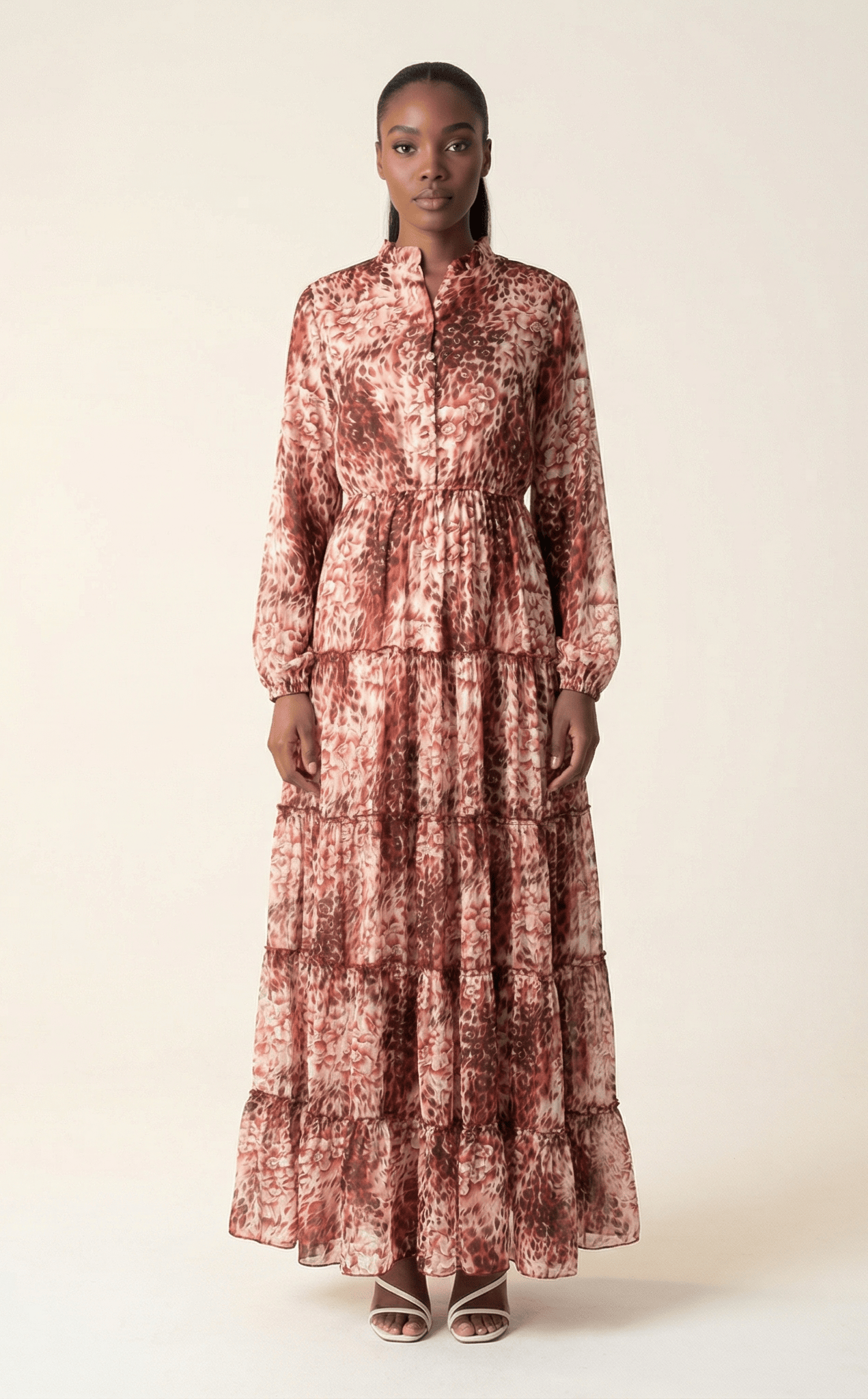 Maroon cheetah floral Anitta tiered chiffon maxi dress Kabayare