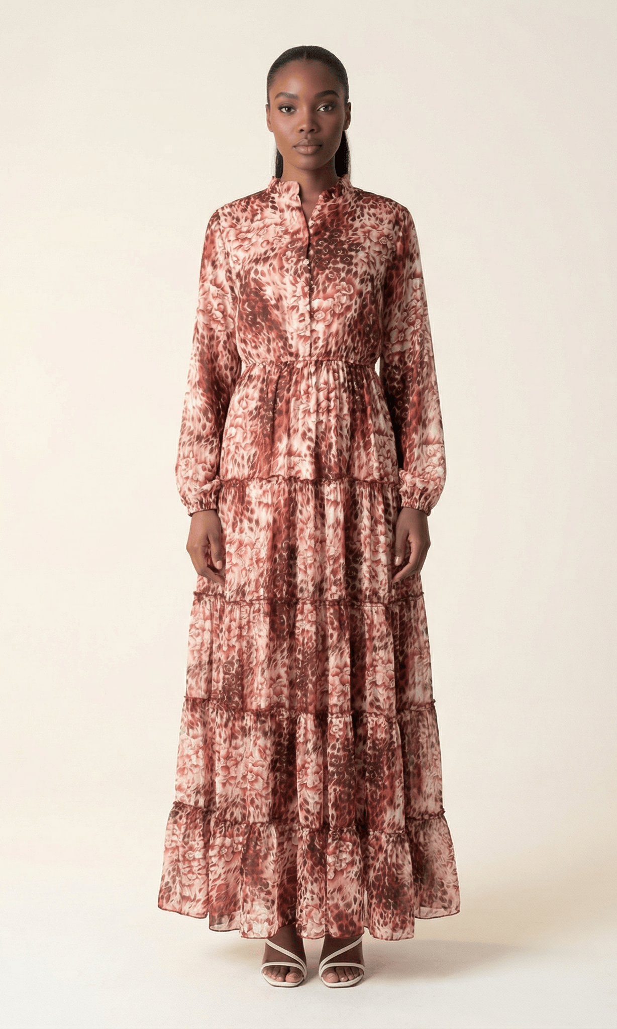 Maroon cheetah floral Anitta tiered chiffon maxi dress Kabayare