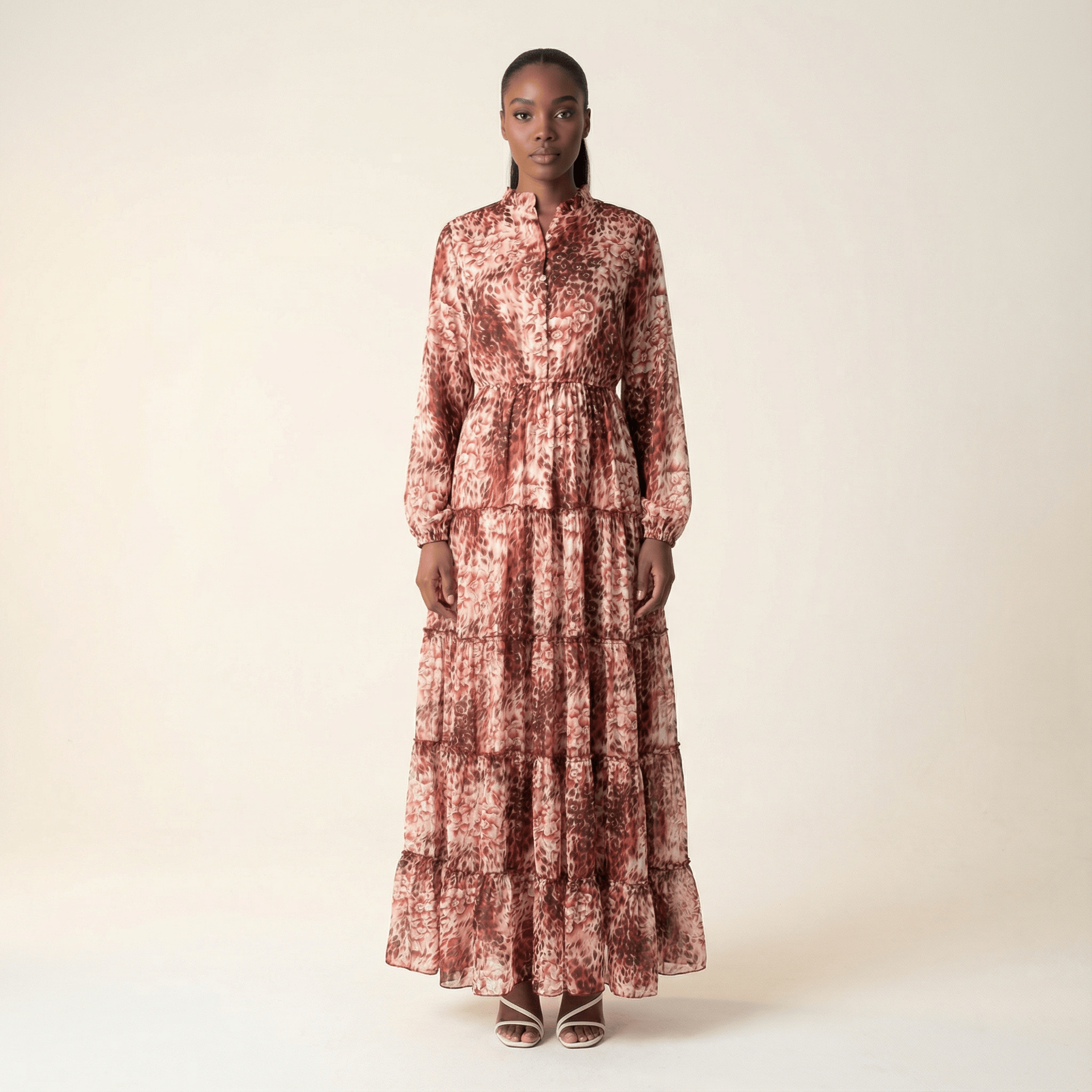 Maroon cheetah floral Anitta tiered chiffon maxi dress Kabayare