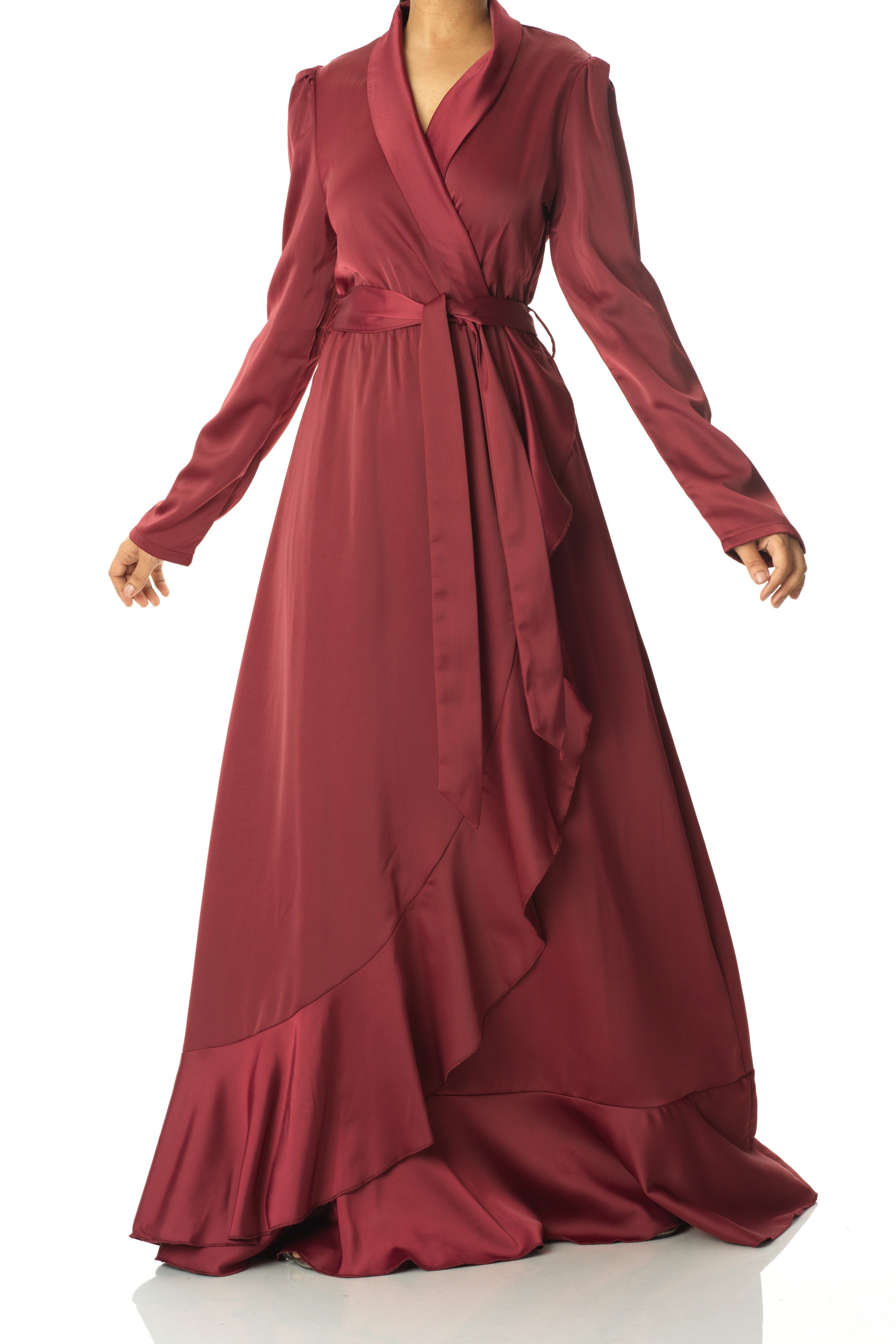 Maroon Classic Elegance wrapped satin maxi dress Kabayare