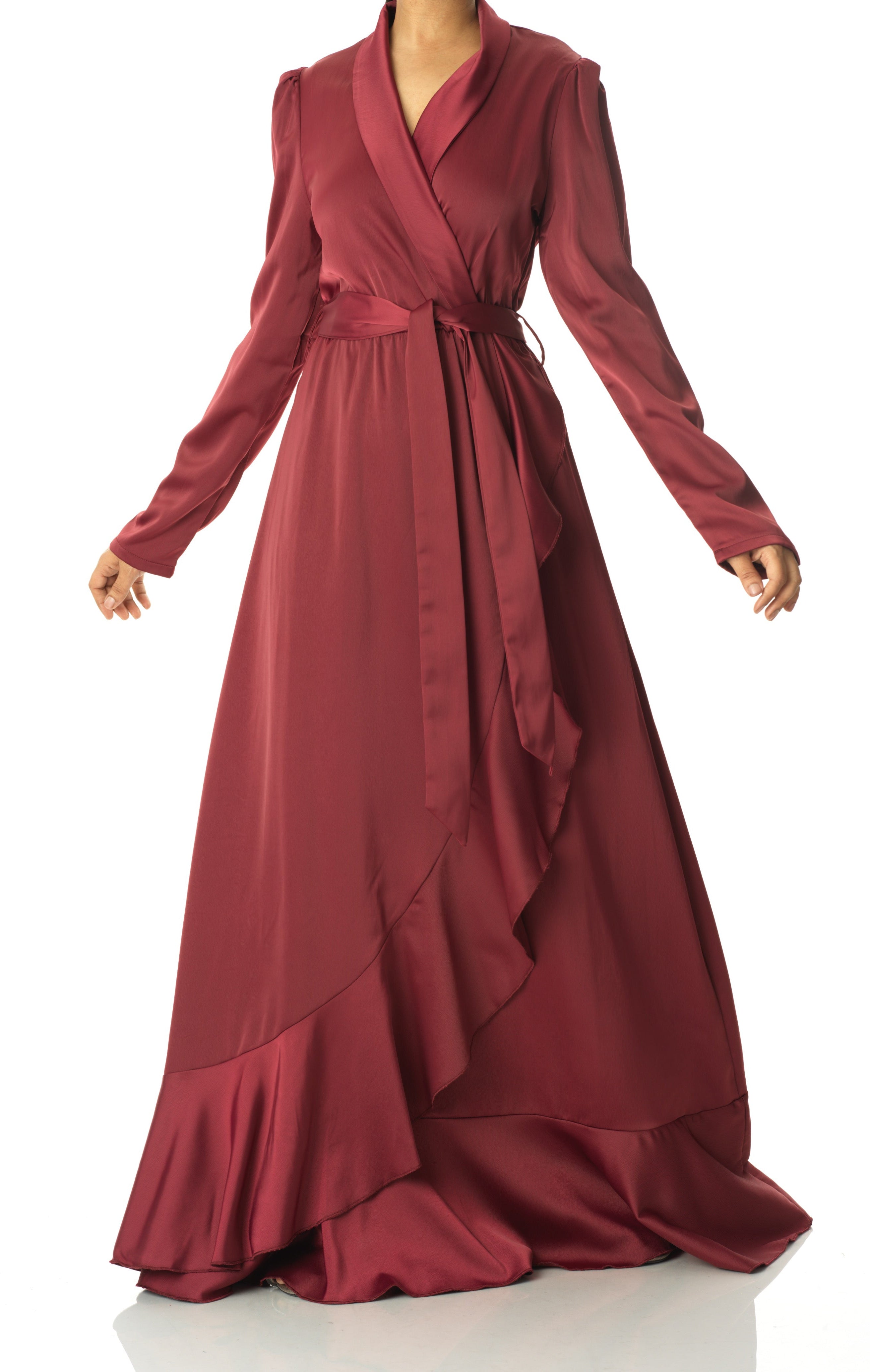 Maroon Classic Elegance wrapped satin maxi dress Kabayare