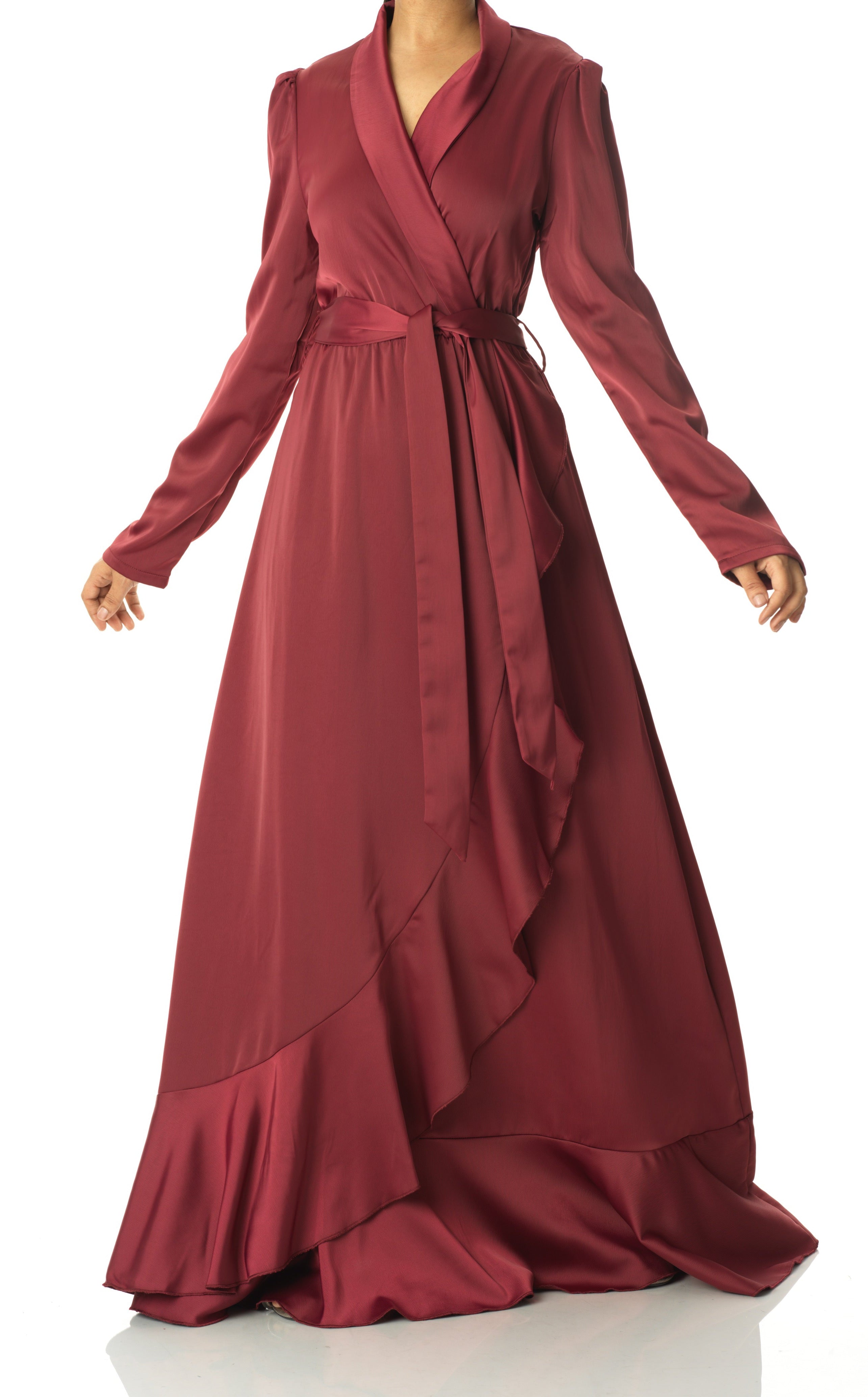 Maroon Classic Elegance wrapped satin maxi dress Kabayare