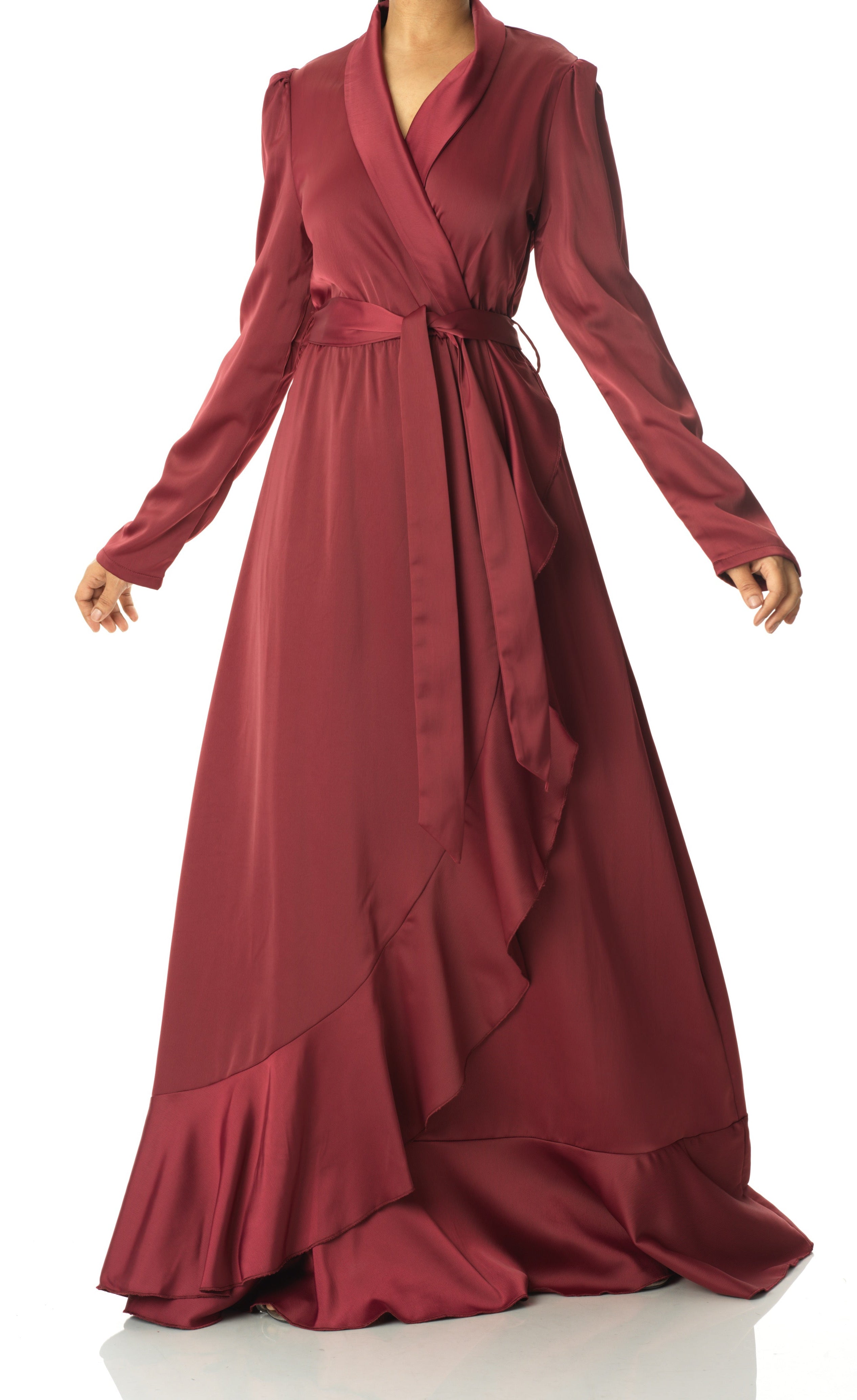 Maroon Classic Elegance wrapped satin maxi dress Kabayare