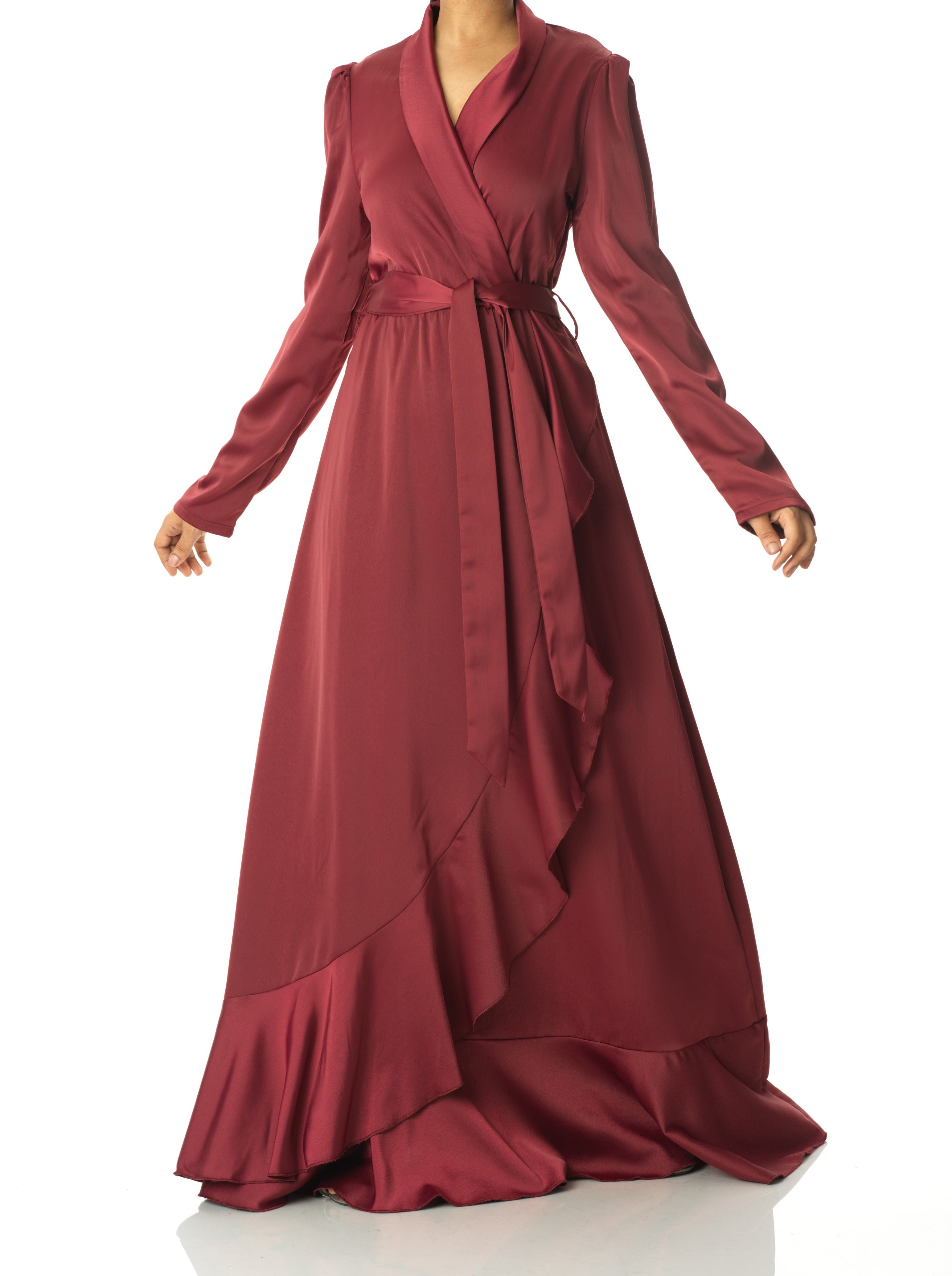Maroon Classic Elegance wrapped satin maxi dress Kabayare