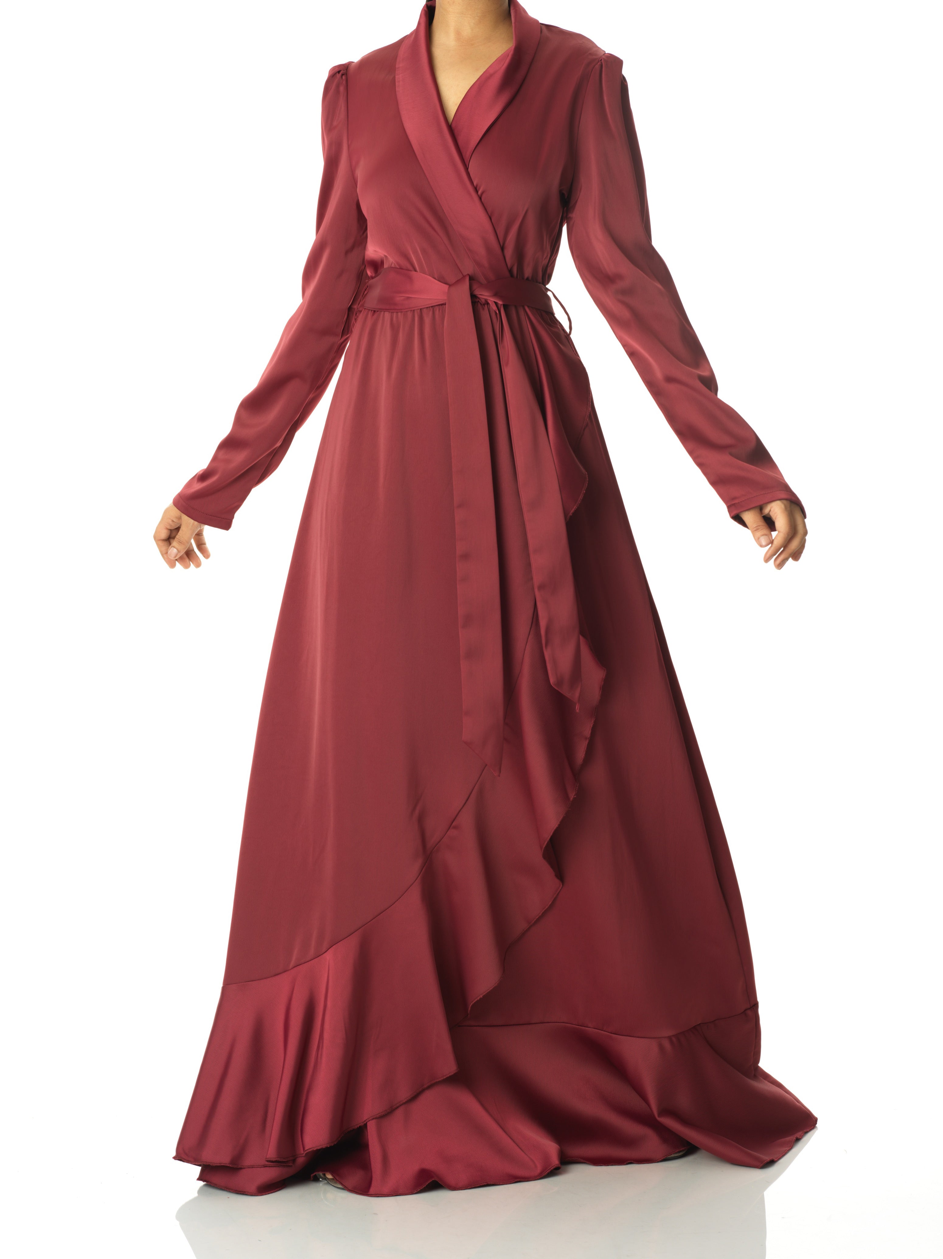 Maroon Classic Elegance wrapped satin maxi dress Kabayare
