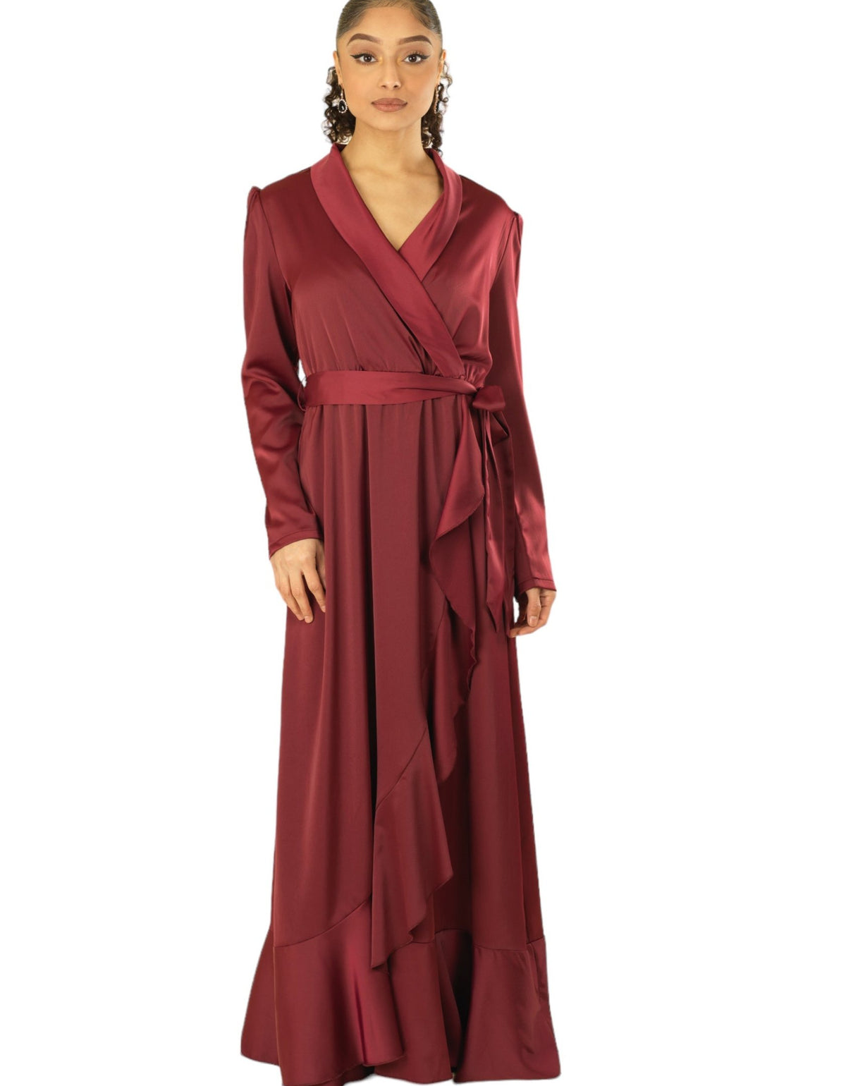 Maroon Classic Elegance wrapped satin maxi dress Kabayare