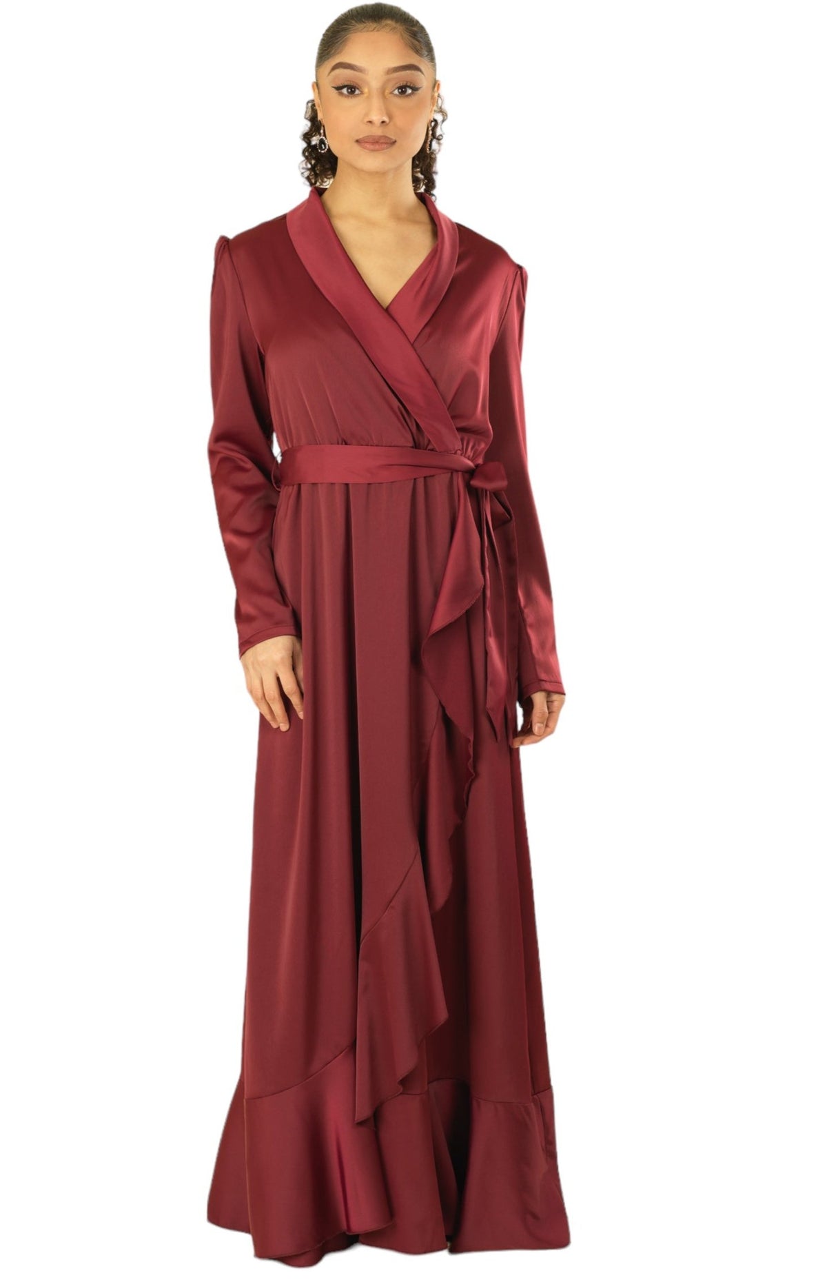 Maroon Classic Elegance wrapped satin maxi dress Kabayare