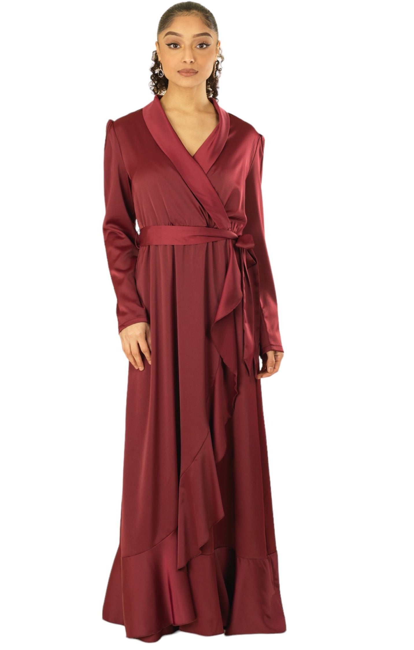 Maroon Classic Elegance wrapped satin maxi dress Kabayare