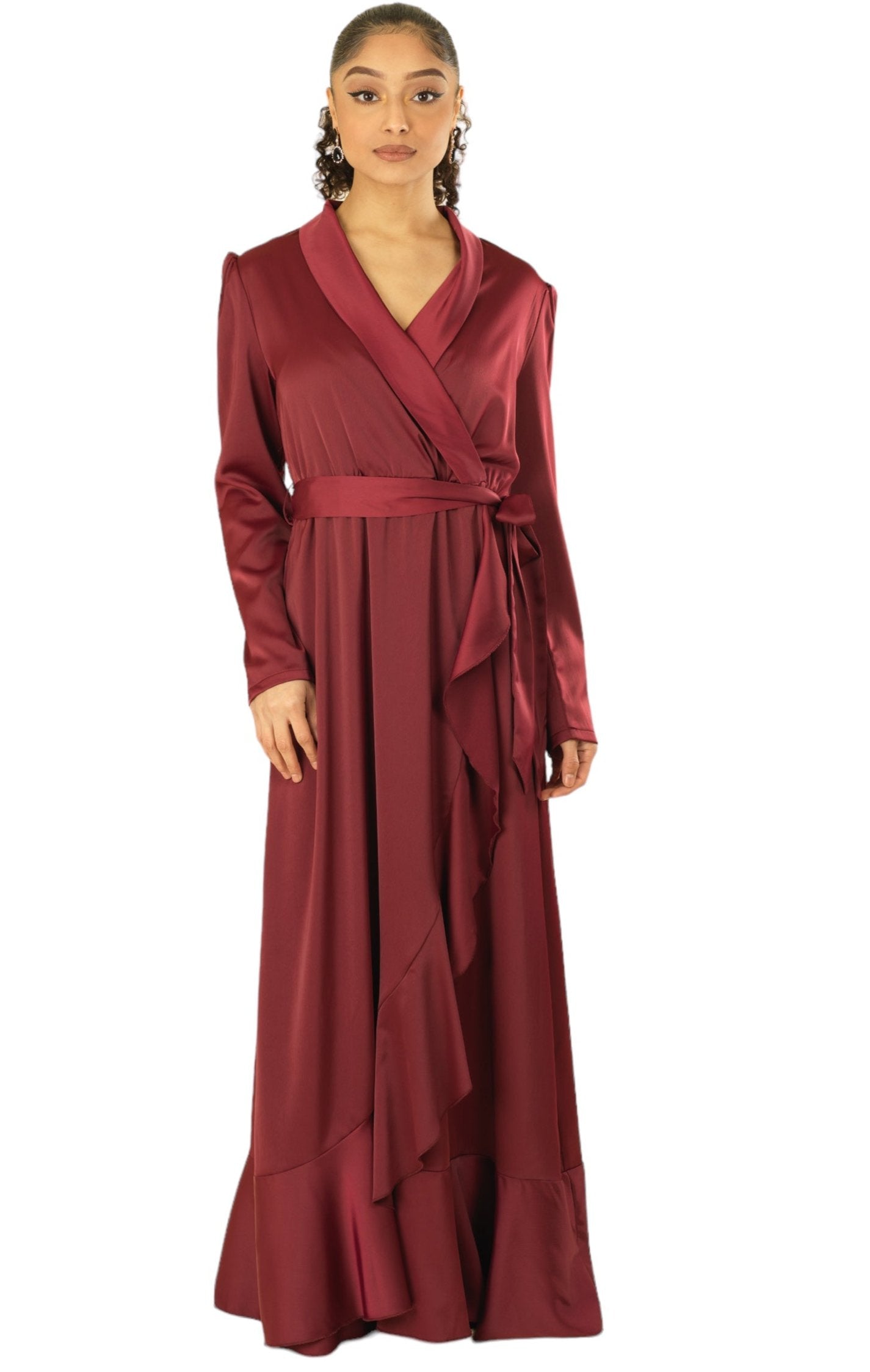 Maroon Classic Elegance wrapped satin maxi dress Kabayare