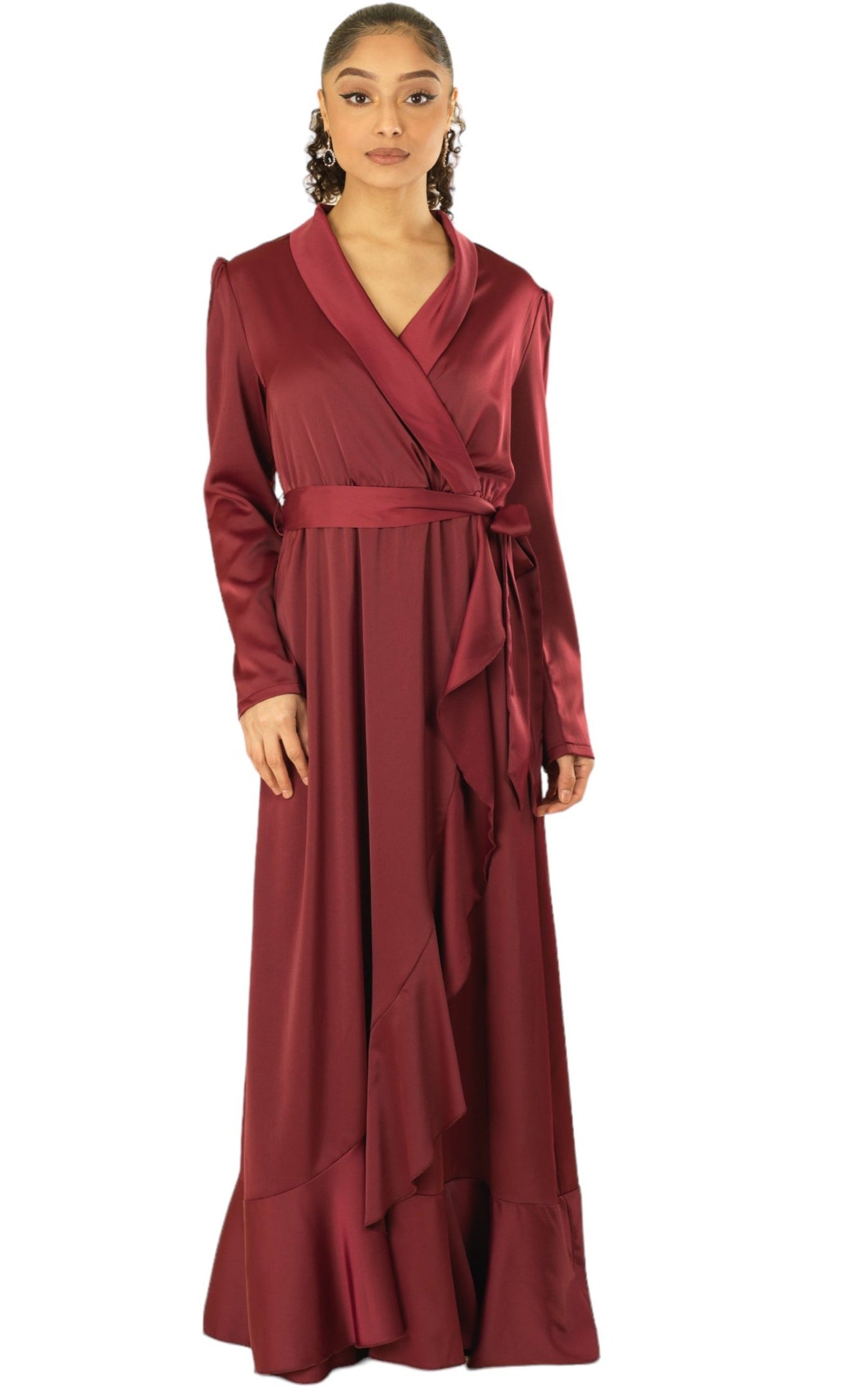 Maroon Classic Elegance wrapped satin maxi dress Kabayare