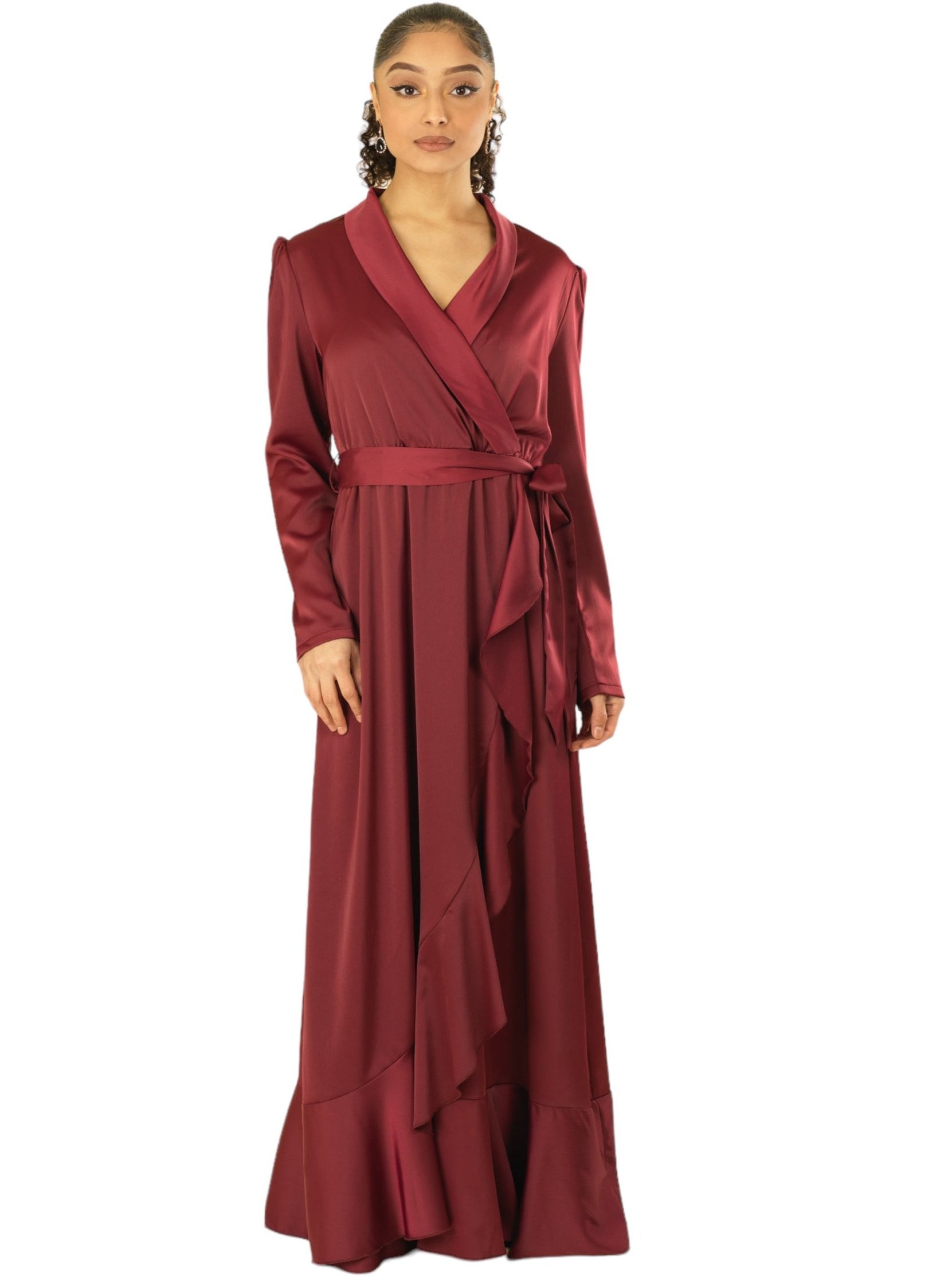 Maroon Classic Elegance wrapped satin maxi dress Kabayare