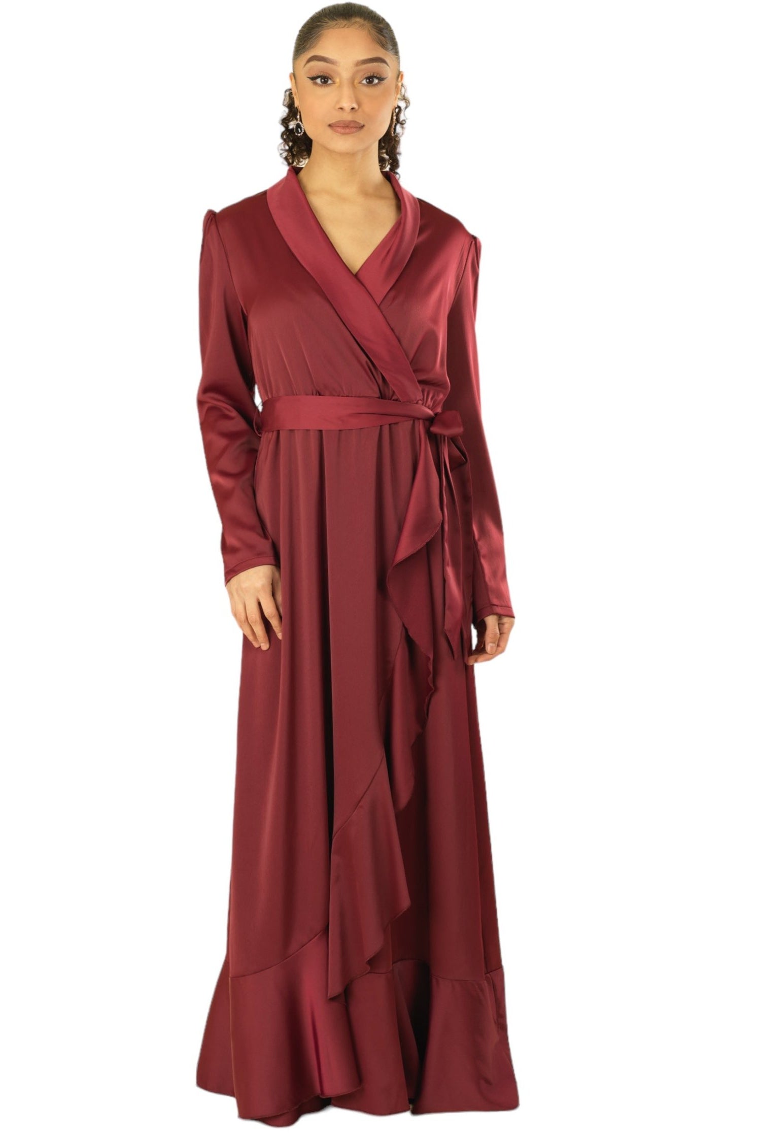 Maroon Classic Elegance wrapped satin maxi dress Kabayare