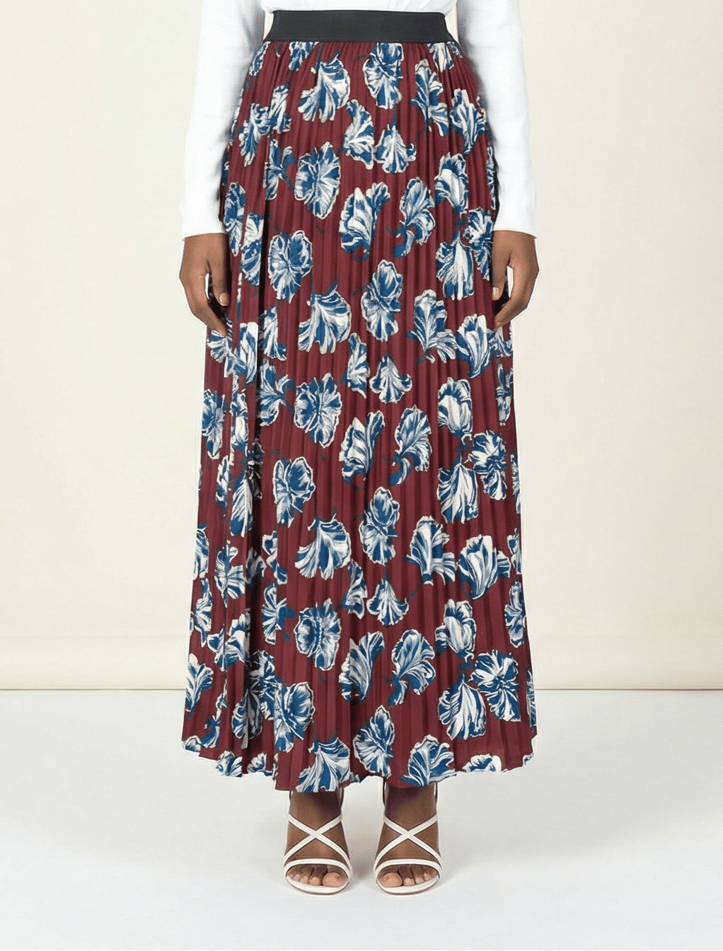 maroon floral pleated maxi skirt Kabayare
