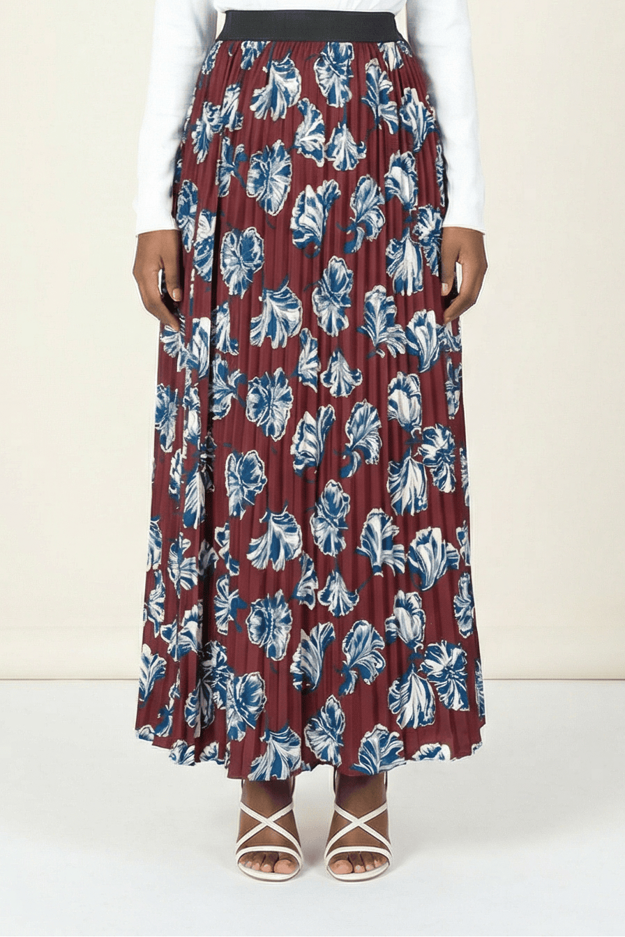 maroon floral pleated maxi skirt Kabayare