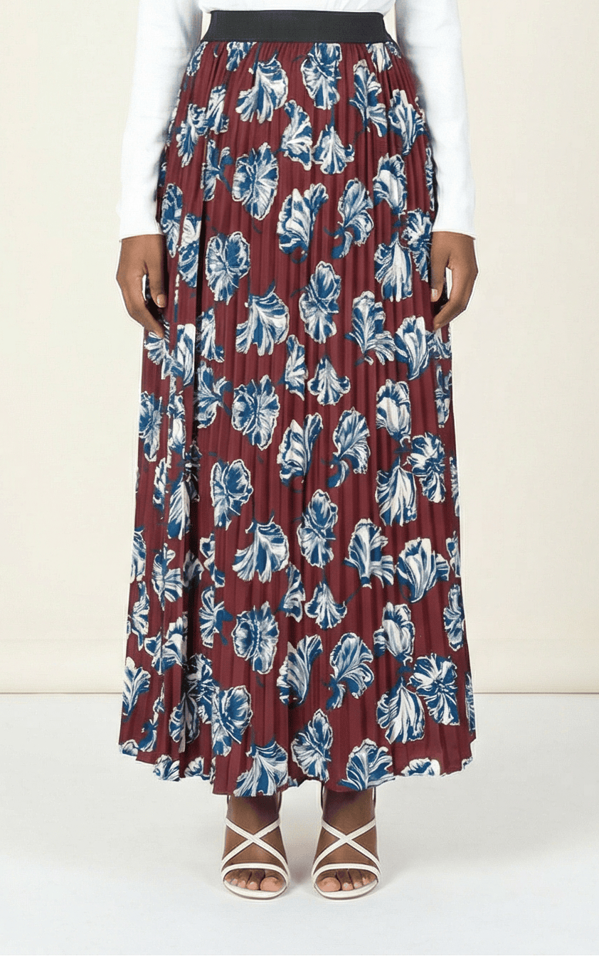 maroon floral pleated maxi skirt Kabayare