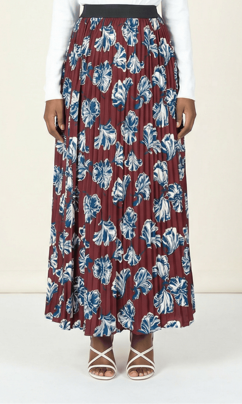 maroon floral pleated maxi skirt Kabayare