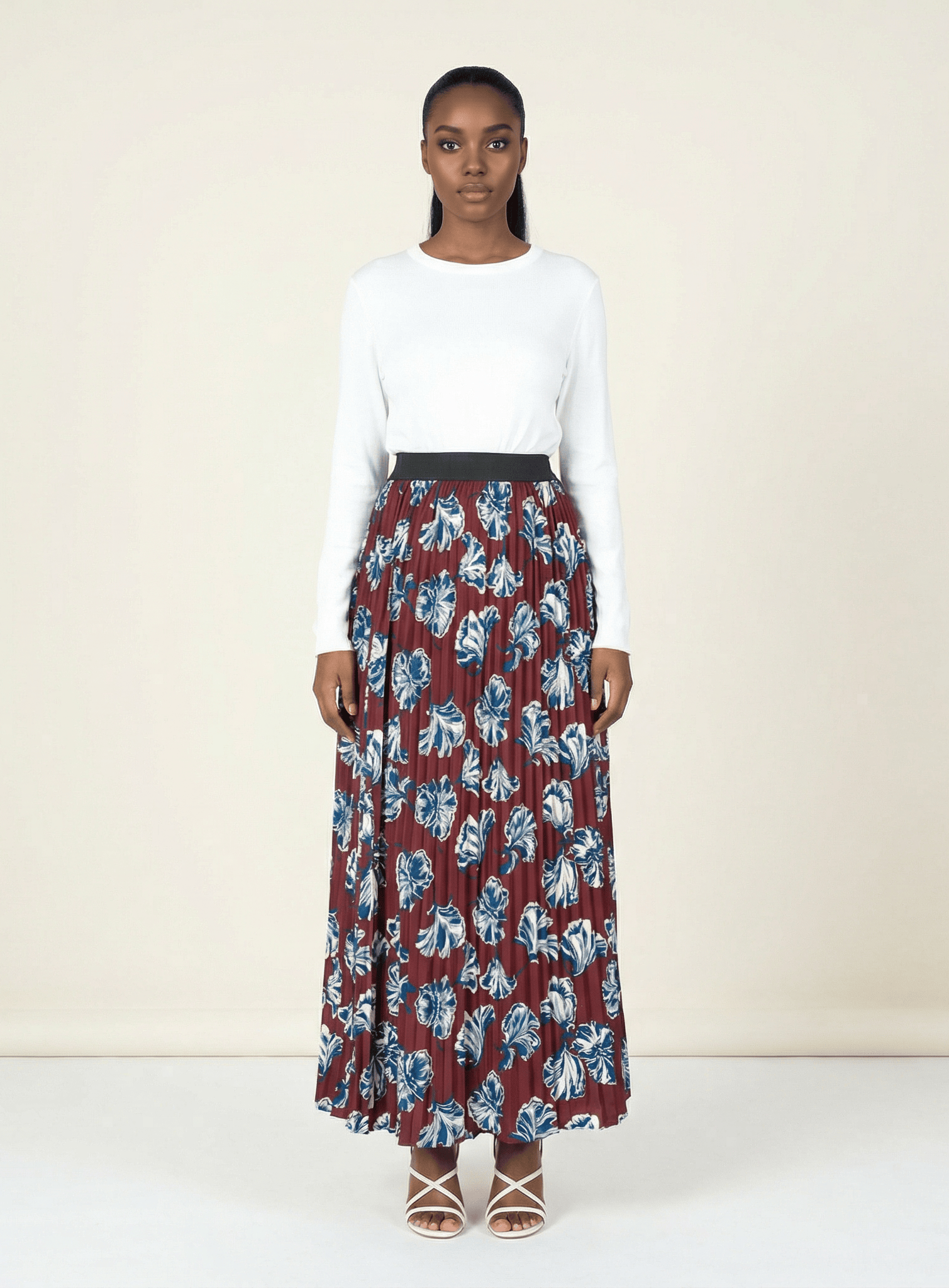 maroon floral pleated maxi skirt Kabayare