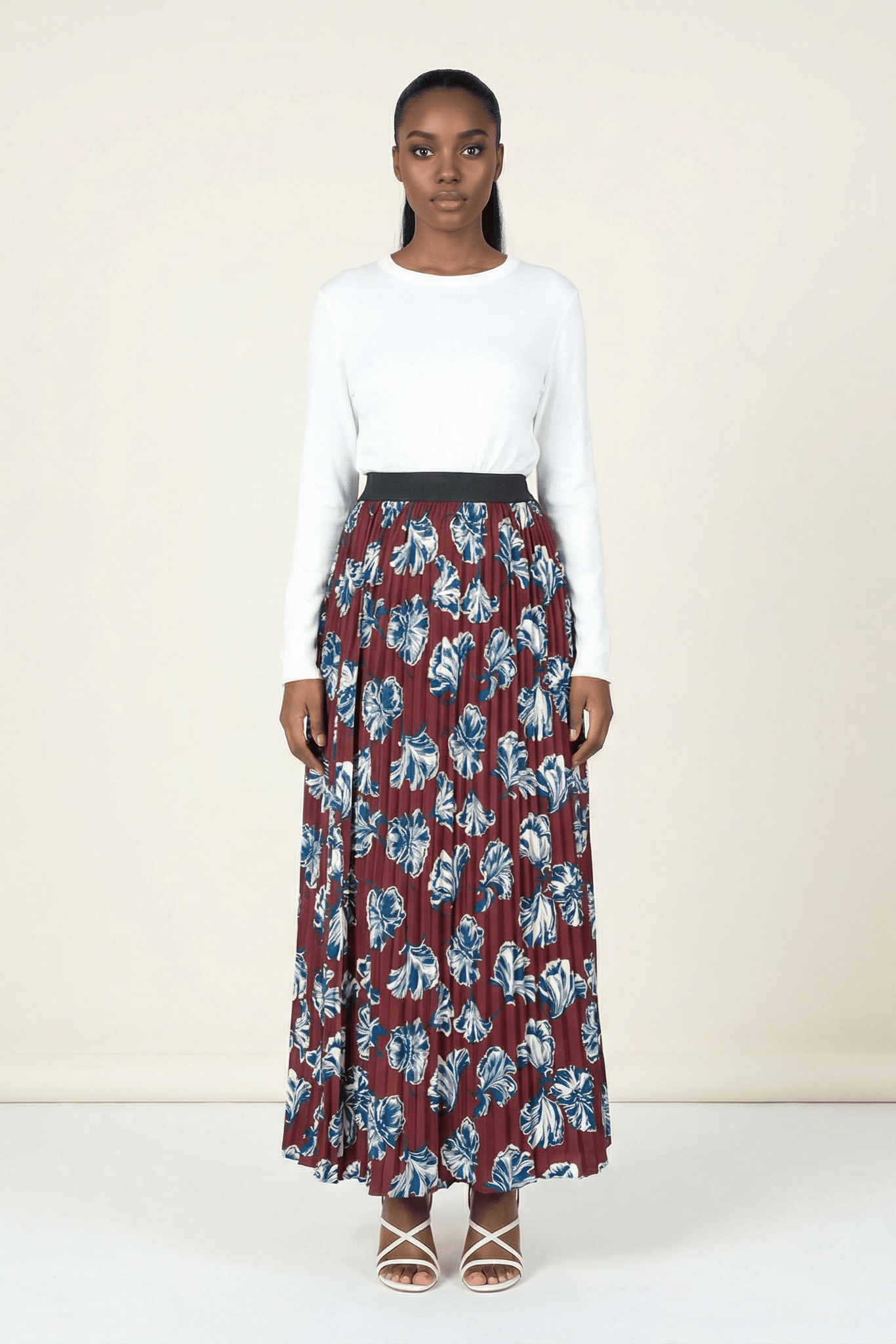 maroon floral pleated maxi skirt Kabayare