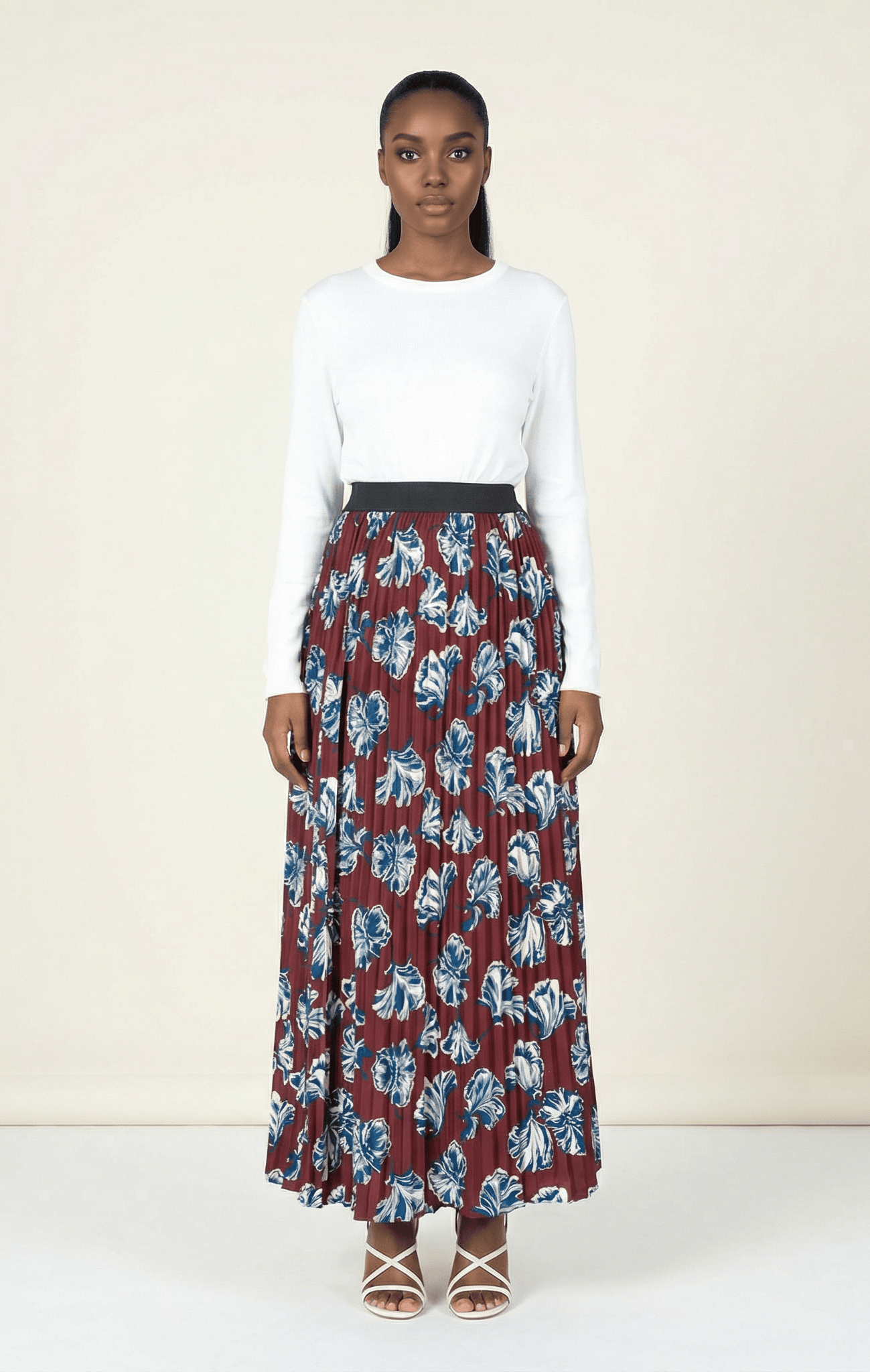 maroon floral pleated maxi skirt Kabayare