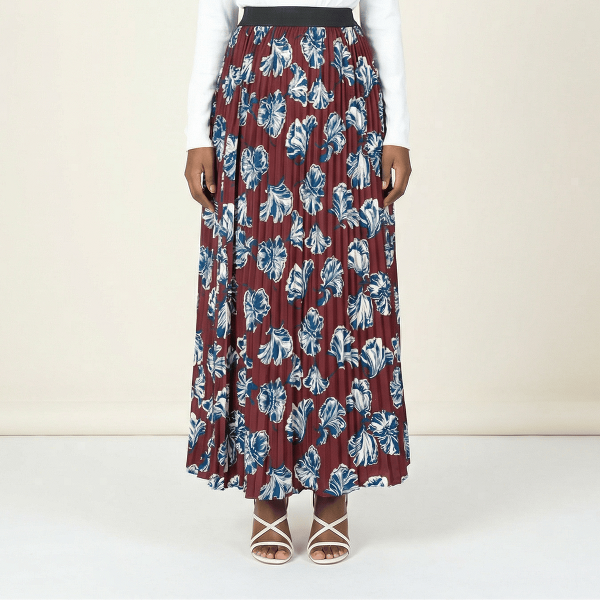 maroon floral pleated maxi skirt Kabayare