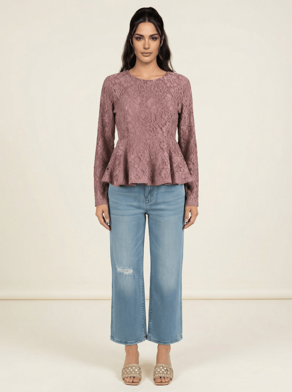 Mauve Lace Peplum Top Kabayare