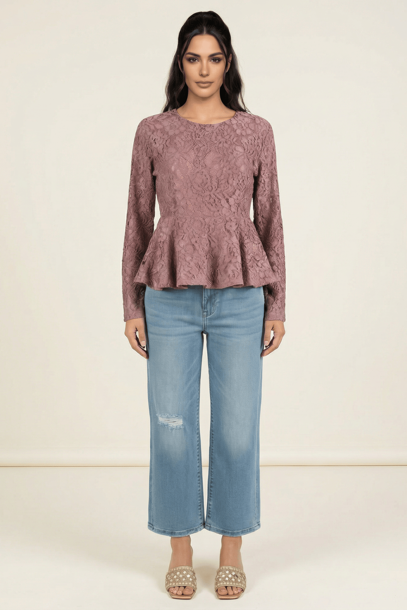 Mauve Lace Peplum Top Kabayare