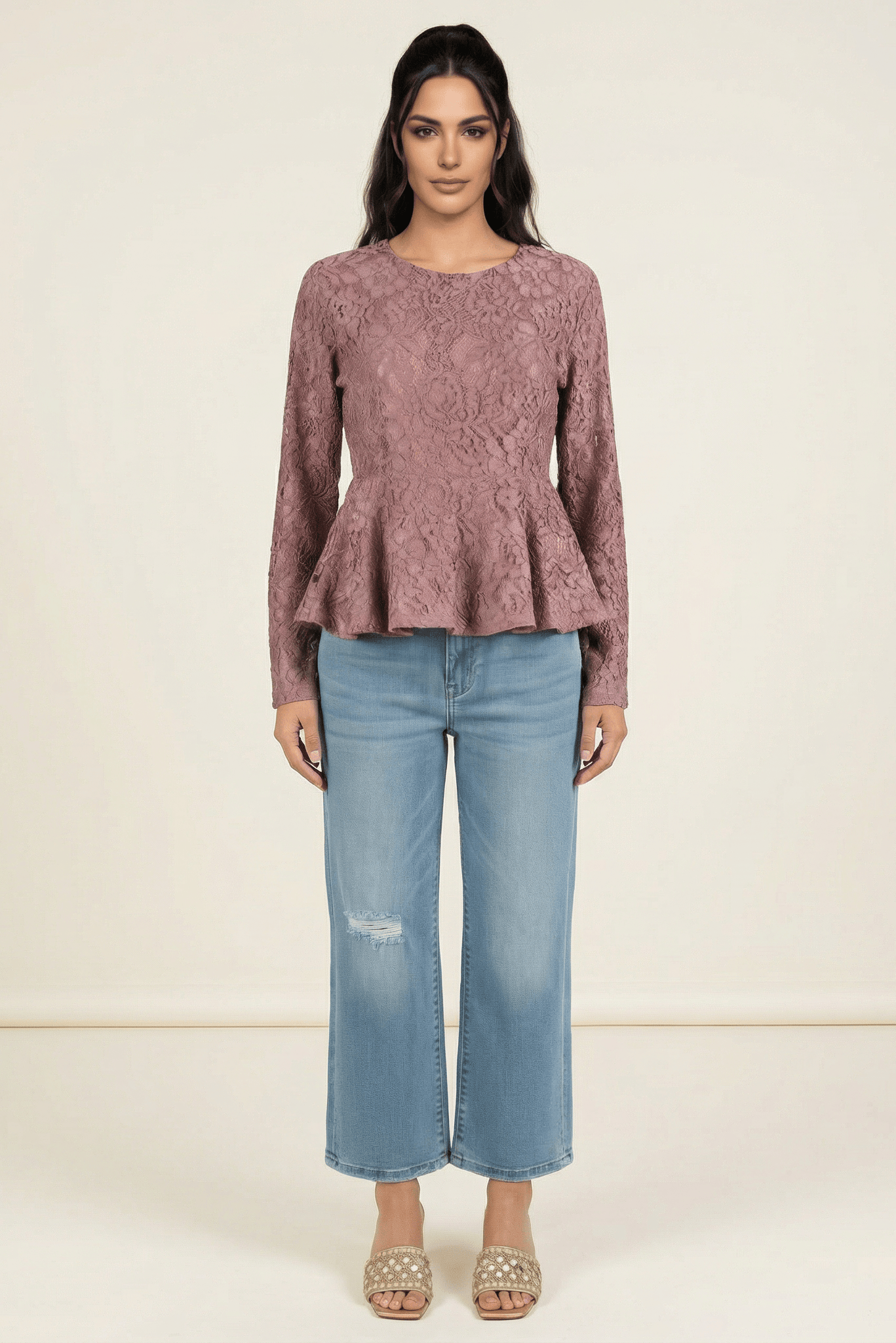 Mauve Lace Peplum Top Kabayare